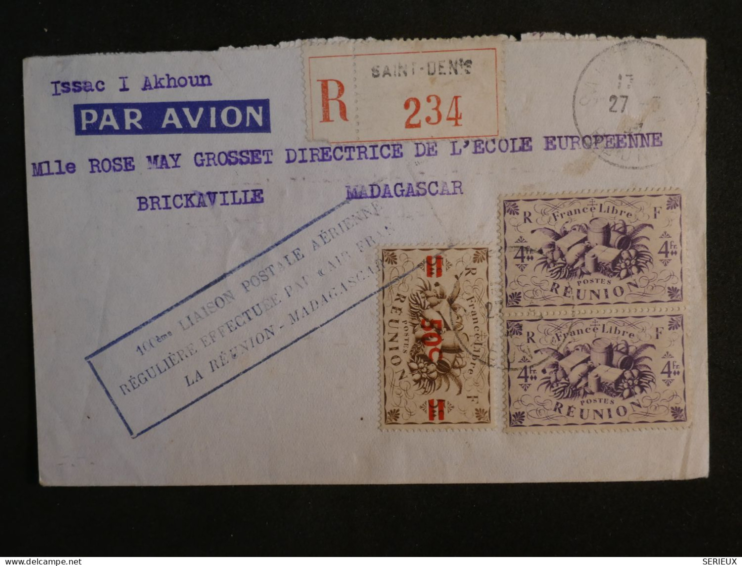 BV12 LA REUNION BELLE LETTRE RECO. RR  1947 1ER VOL A MADAGASCAR  SAINT DENIS  A BRICKAVILLE+PIRE DE TP ++AFF. PLAISANT+ - Lettres & Documents