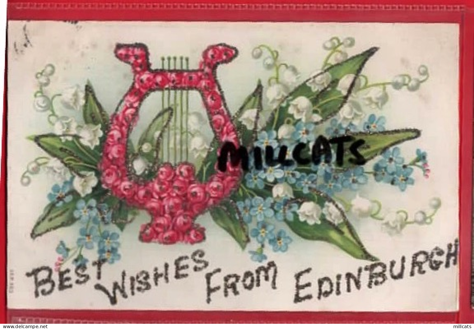 EDINBURGH    BEST WISHES FROM  NOVELTY GREETINGS WITH HARP  APPLIQUE GLITTER Pu 1906 - East Lothian