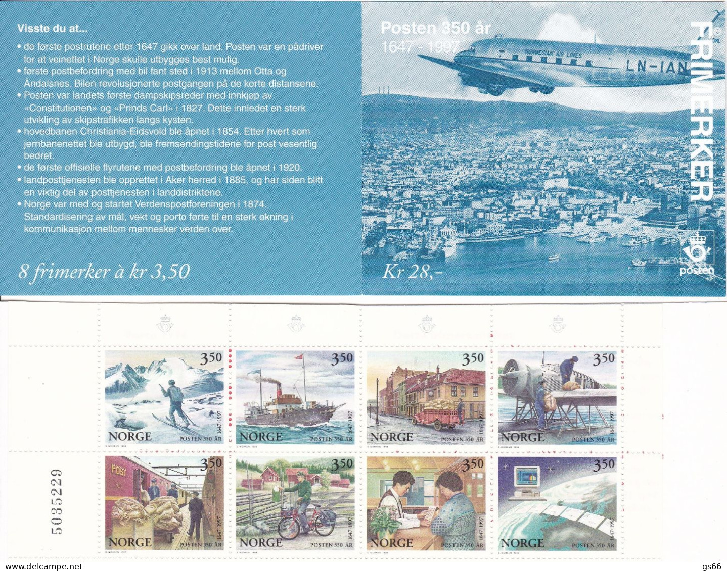 Norge, 1996, 1218/25 Booklet 28, MNH **, 350 Jahre Norwegische Post (II).control Number - Carnets