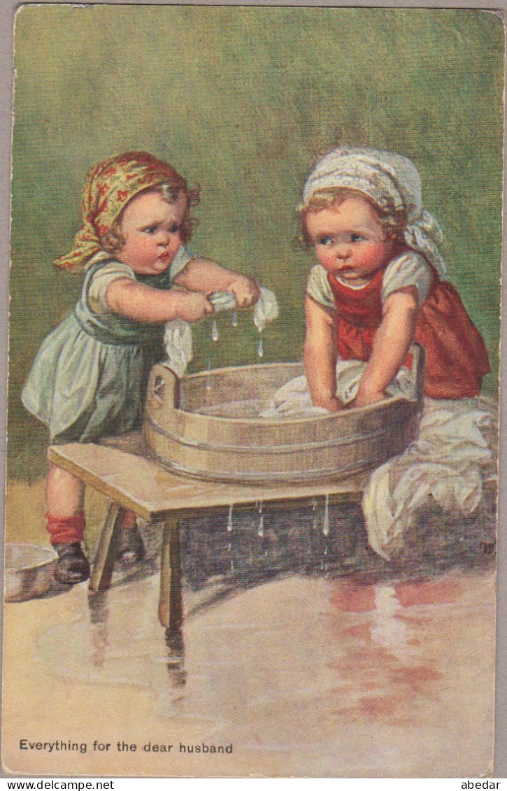 Wally Fialkowska Enfant Kids Laundry Tub Wash Old PC. Cpa. 1924 - Fialkowska, Wally