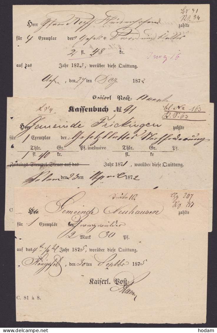 "Königsfeld" U.a., 3 Zeitungsquittungen Aus 1871/5 - Briefe U. Dokumente