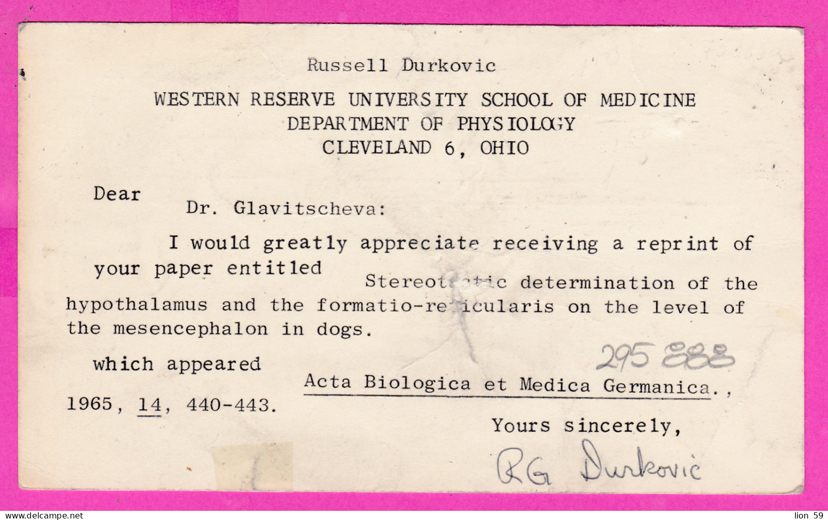 295889 / United States 1965 - 3+4c. Cleveland Ohio , Western Reserve University School Of Medicine Physioogy Stationery - 1961-80