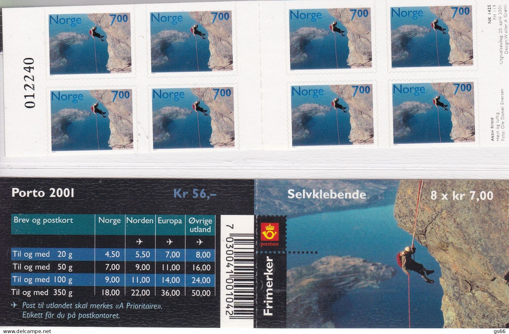 Norge, 2001 1384 Booklet , MNH **, Aktive Freizeit.,control Number - Booklets