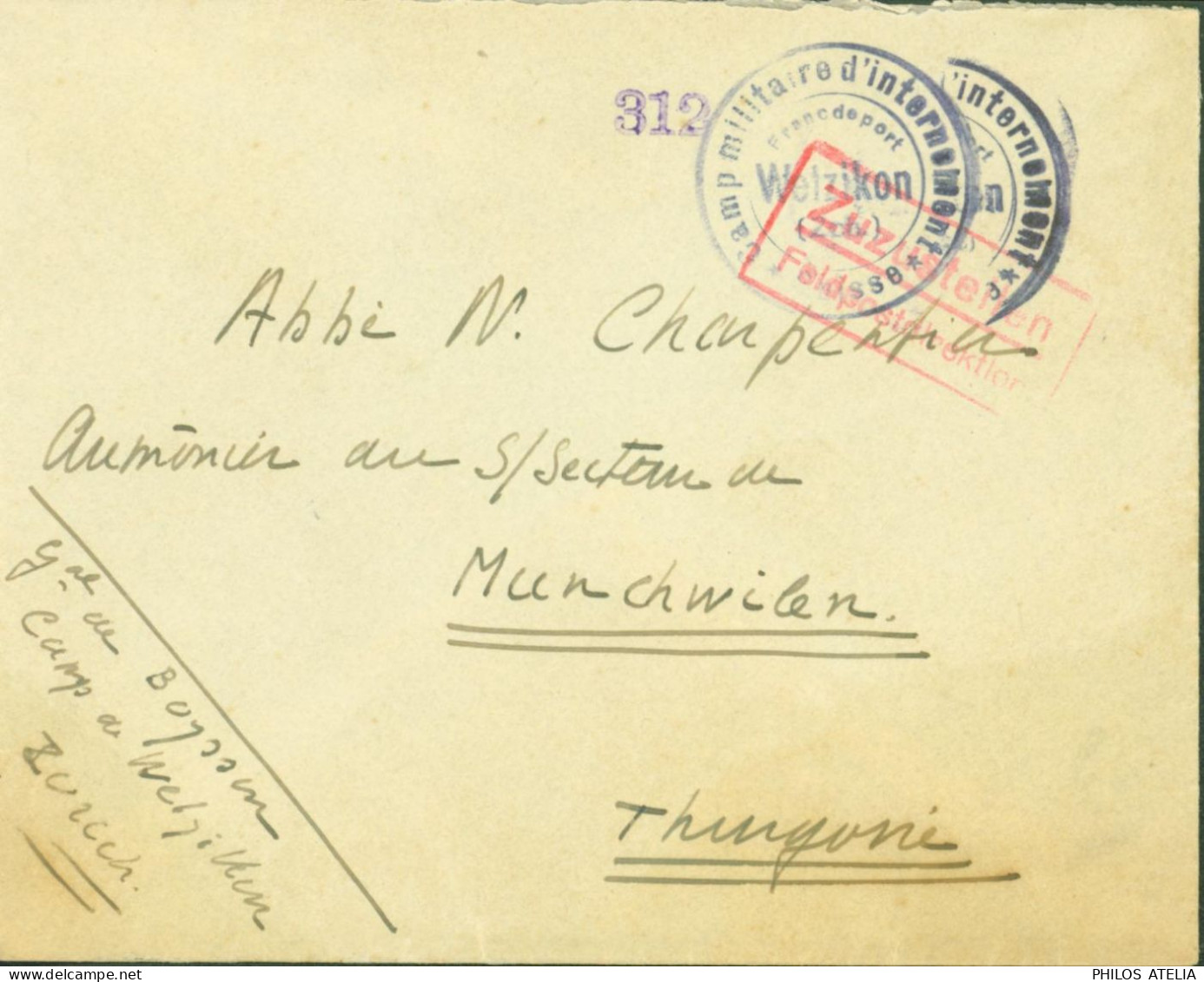 Guerre 40 Interné Militaire Gal De Boyssin ? Cachet Camp Militaire D'internement Suisse Wetzikon Censure Pour Aumonier - Postmarks