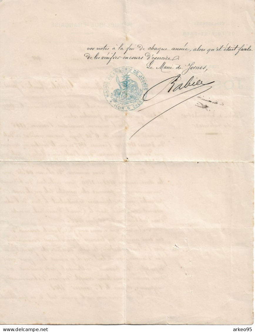 Lettre Du Maire De Josnes (Loir-et-Cher), 15/6/1900 - Documents Historiques