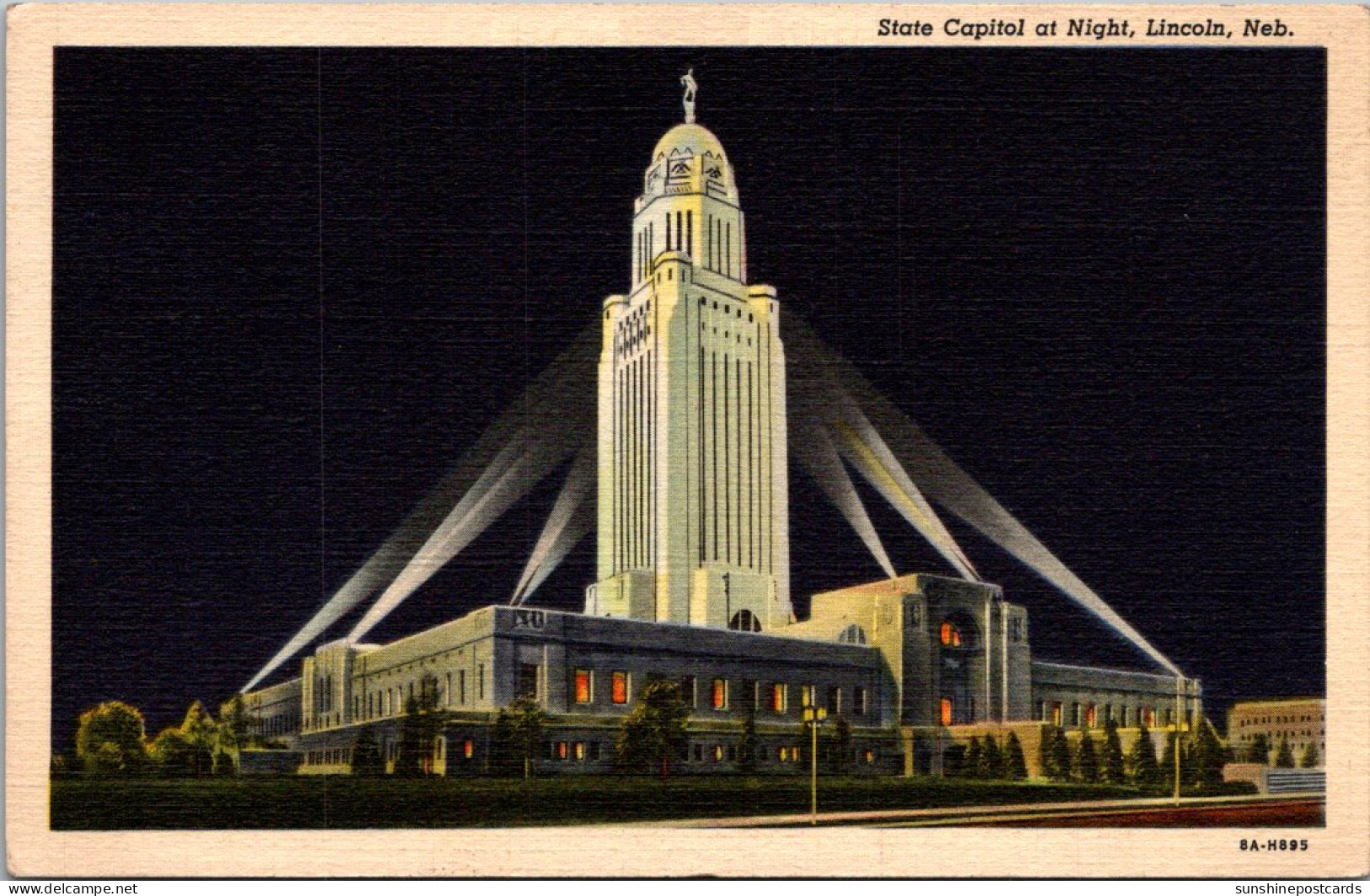 Nebraska Lincoln State Captiol Building At Night Curteich - Lincoln
