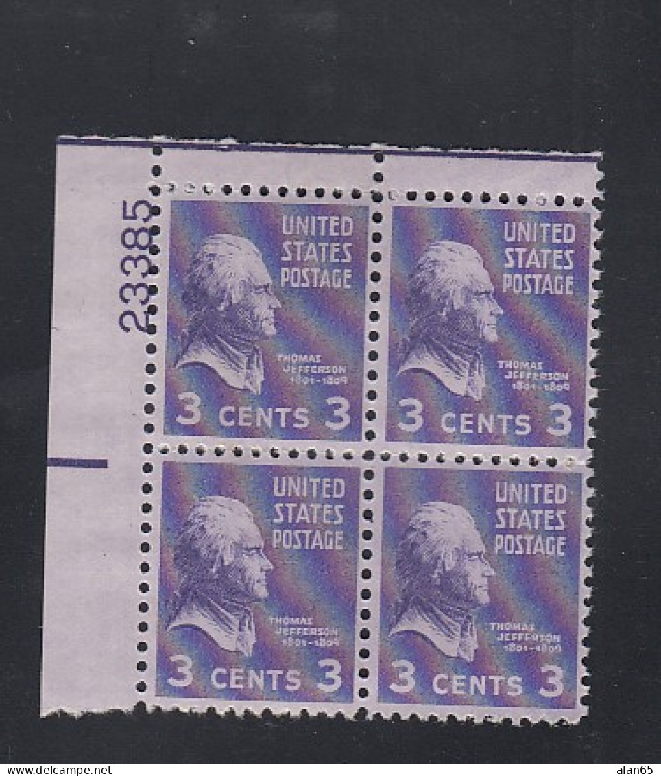 Sc#807, 3-cent 1938 Presidential Issue, MNH Plate # Block Of 4 US Stamps - Plattennummern