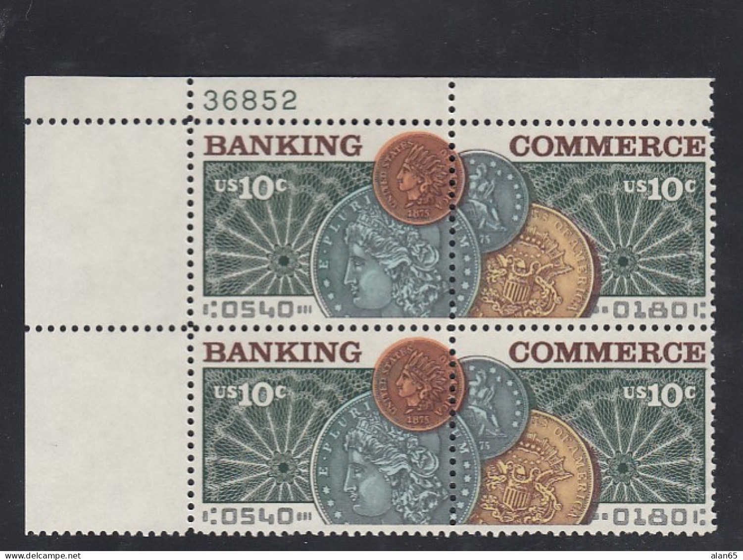 Sc#1577-1578, 10-cent Banking Coin Theme 1975 Issue, Plate # Block Of 4 US Stamps - Números De Placas