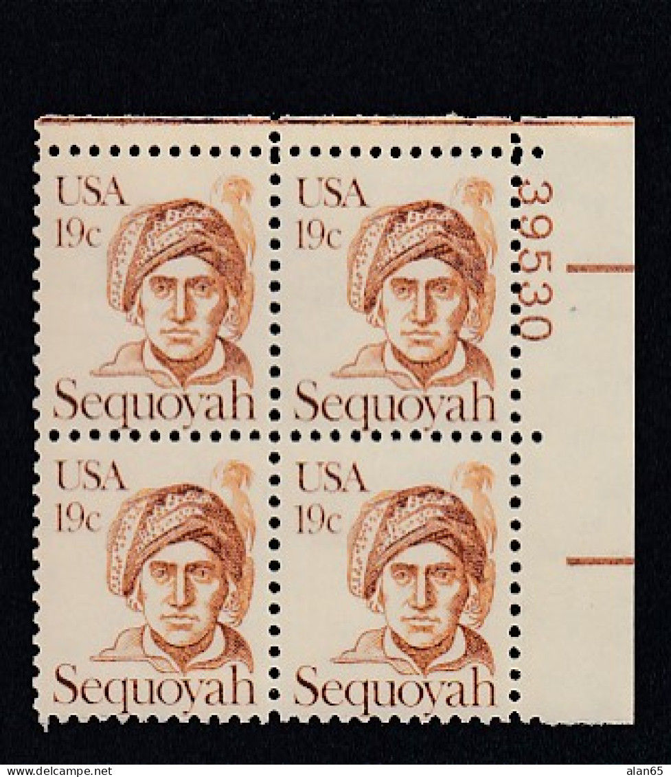 Sc#1859, 19-cent  Sequoyah Indian Native American Theme Great Americans Issue, Plate # Block Of 4 US Stamps - Plattennummern