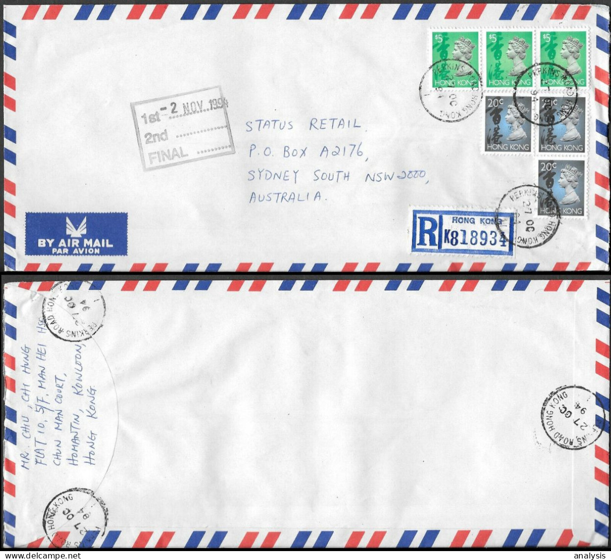 Hong Kong Perkins Road Registered Cover To Australia 1994. $15.60 Rate - Storia Postale