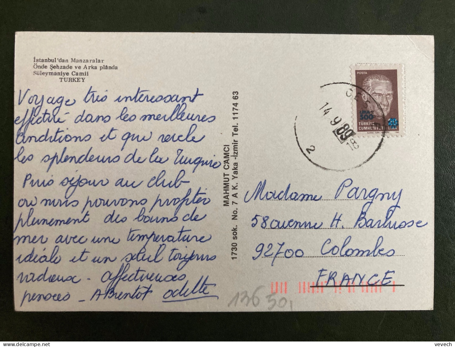 CP Pour La FRANCE TP 20L Surchargé 500L OBL.14 9 89 CESME - Briefe U. Dokumente