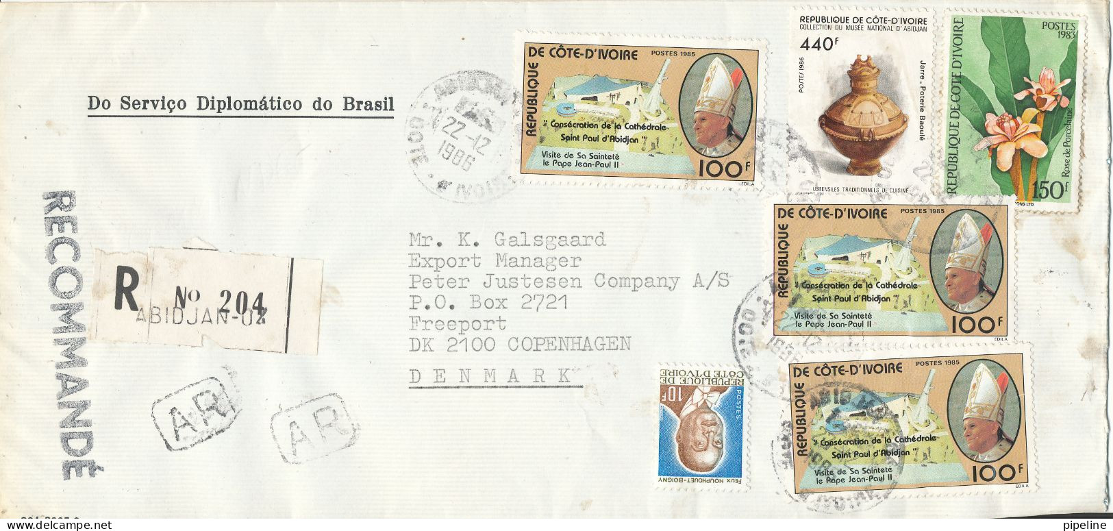 Ivory Coast Registered Cover Sent Air Mail To Denmark 22-12-1986 Topic Stamps (sent From The Embassy Of Brazil Abidjan) - Côte D'Ivoire (1960-...)