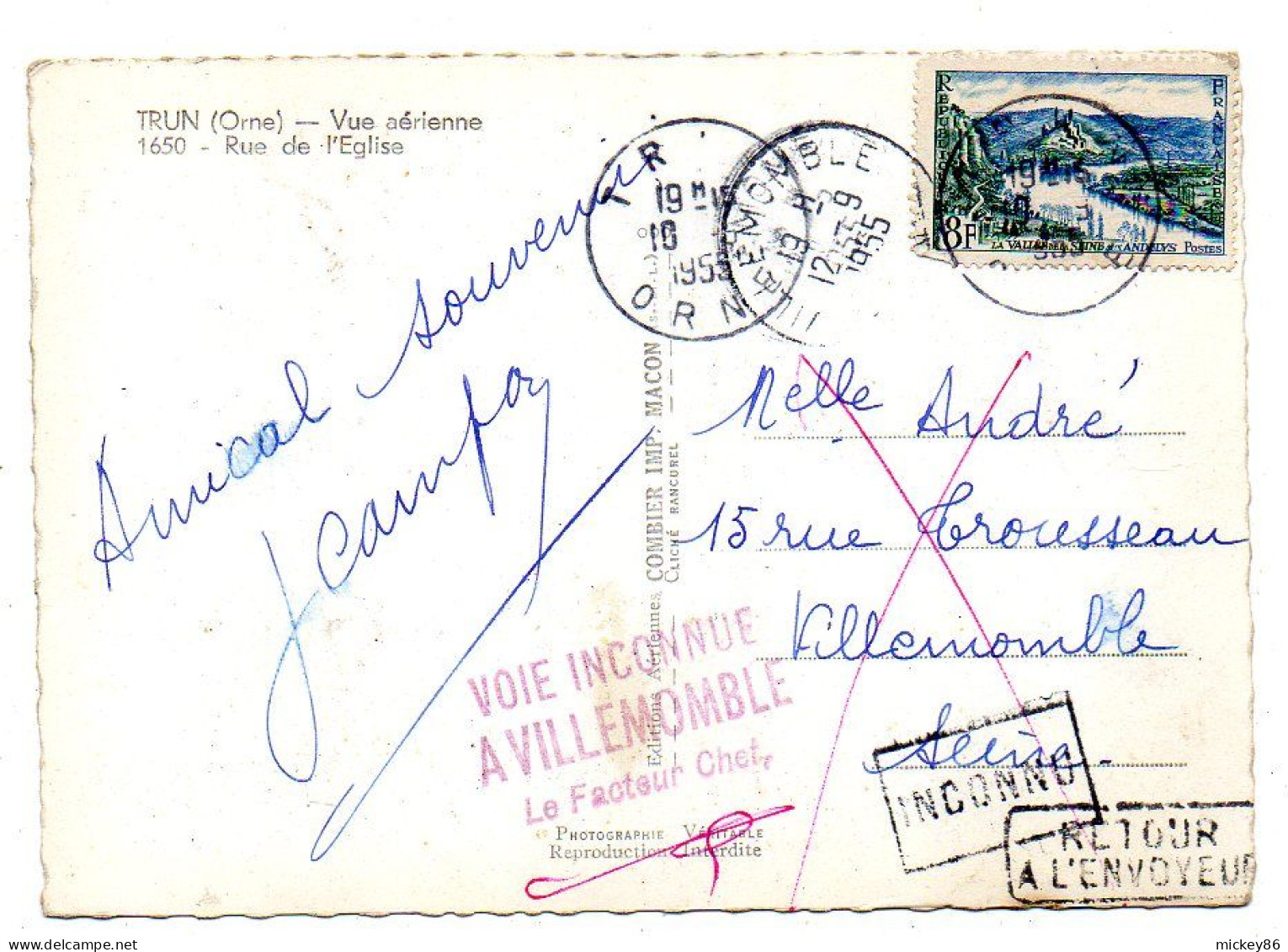 TRUN -- 1955--Vue Aérienne -- Rue De L'église  .....timbre... Cachet... Griffes - Trun