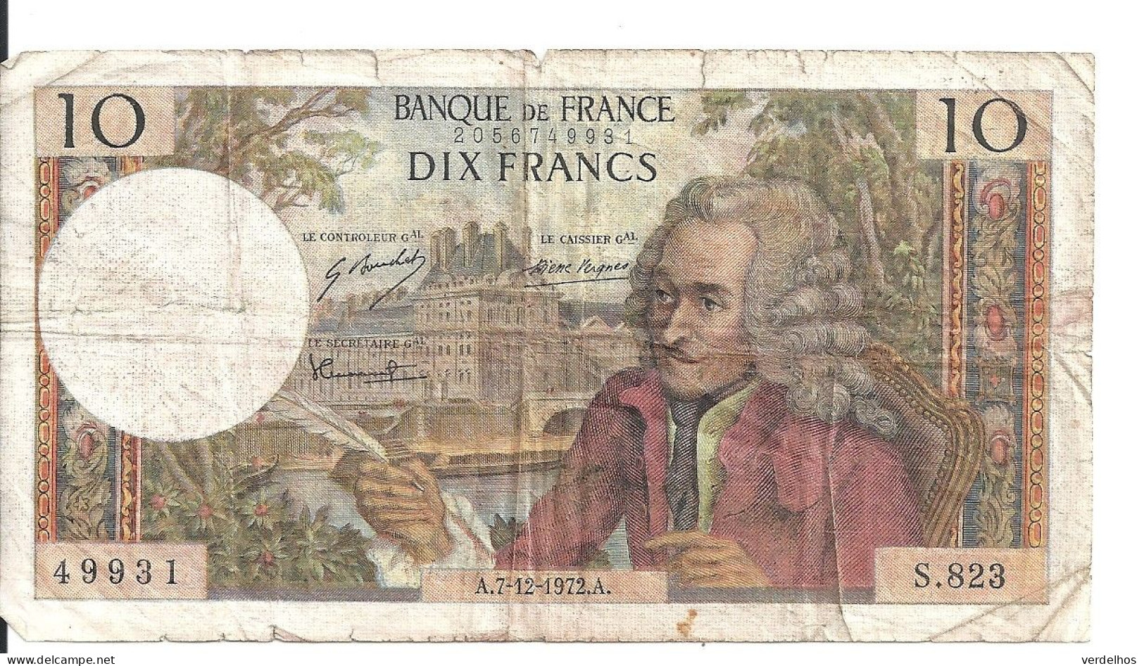 FRANCE 10 FRANCS 1972 VG+ P 147 D - 10 F 1963-1973 ''Voltaire''