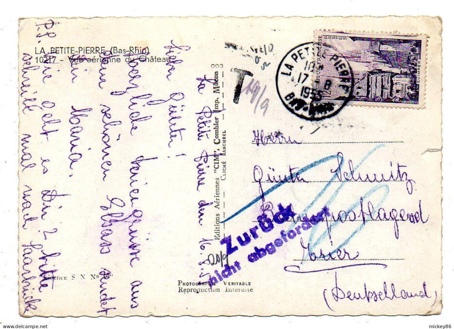 LA PETITE PIERRE -- 1955-- Vue Aérienne Du Chateau--Allemagne (TRIER) ...timbre... Cachet... Belles Griffes - La Petite Pierre