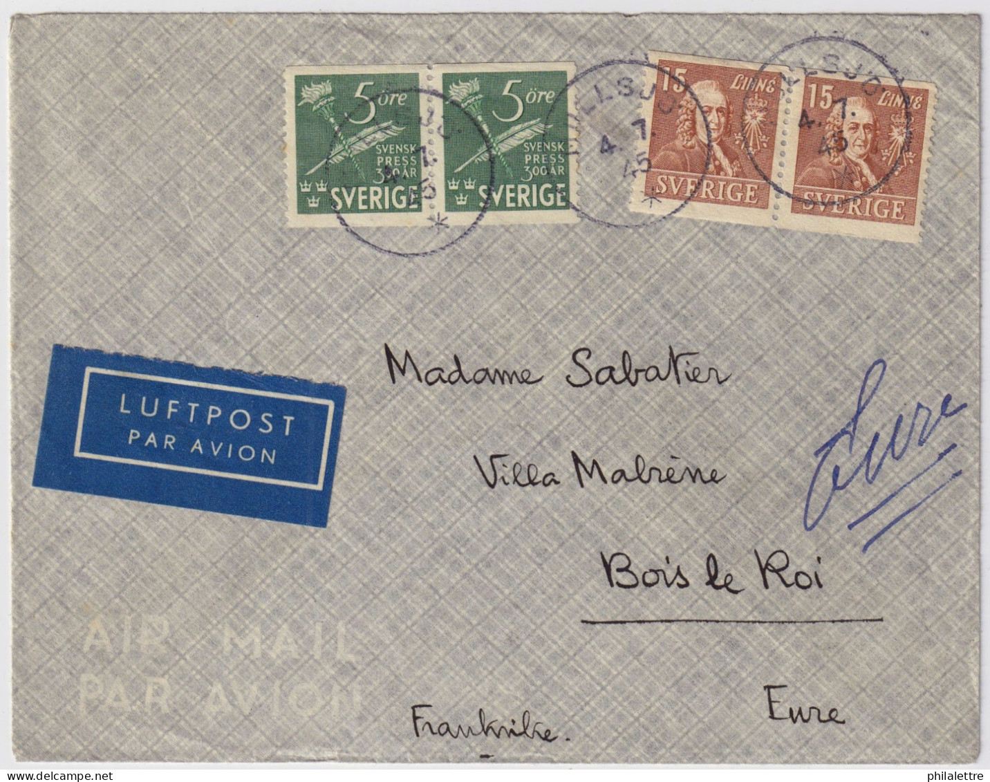 SUÈDE / SWEDEN - 1945 2xFacit F321aA & 2xF359A On Cover From MULLSJÖ To Bois-le-Roi, France - Lettres & Documents