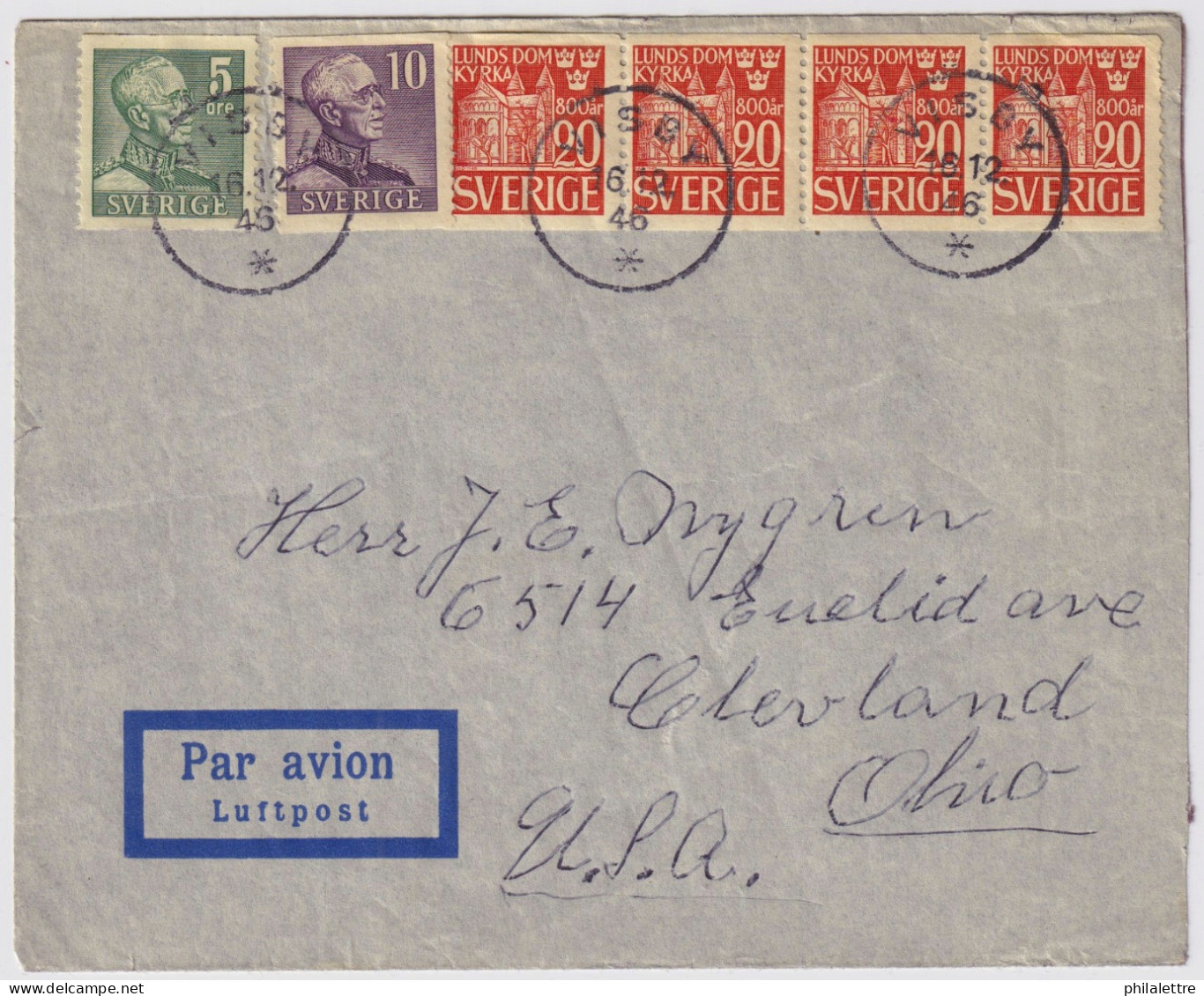 SUÈDE / SWEDEN - 1946 Facit F271A, F273A1 & 4xF366A On Cover From VISBY To Cleveland, OH, USA - Covers & Documents