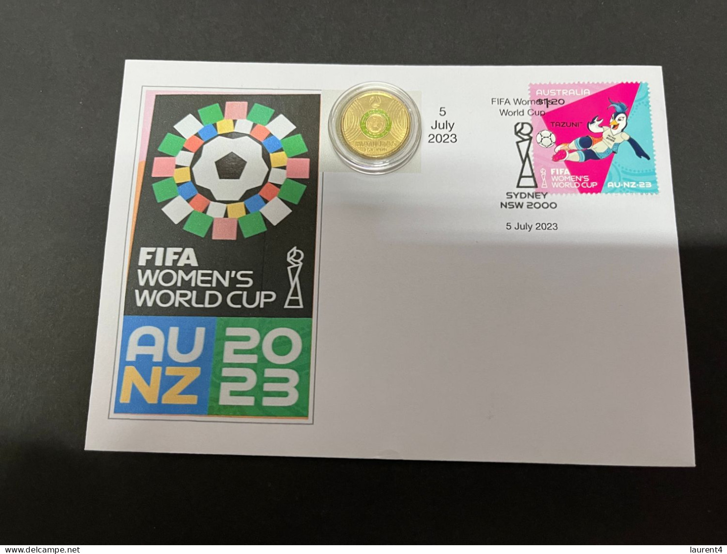 5-7-2023 (1 S 60) Women's Football World Cup ($2.00 Colored Coins 5-7-2023) With FIFA Football TAZUNI Stamp - 2 Dollars