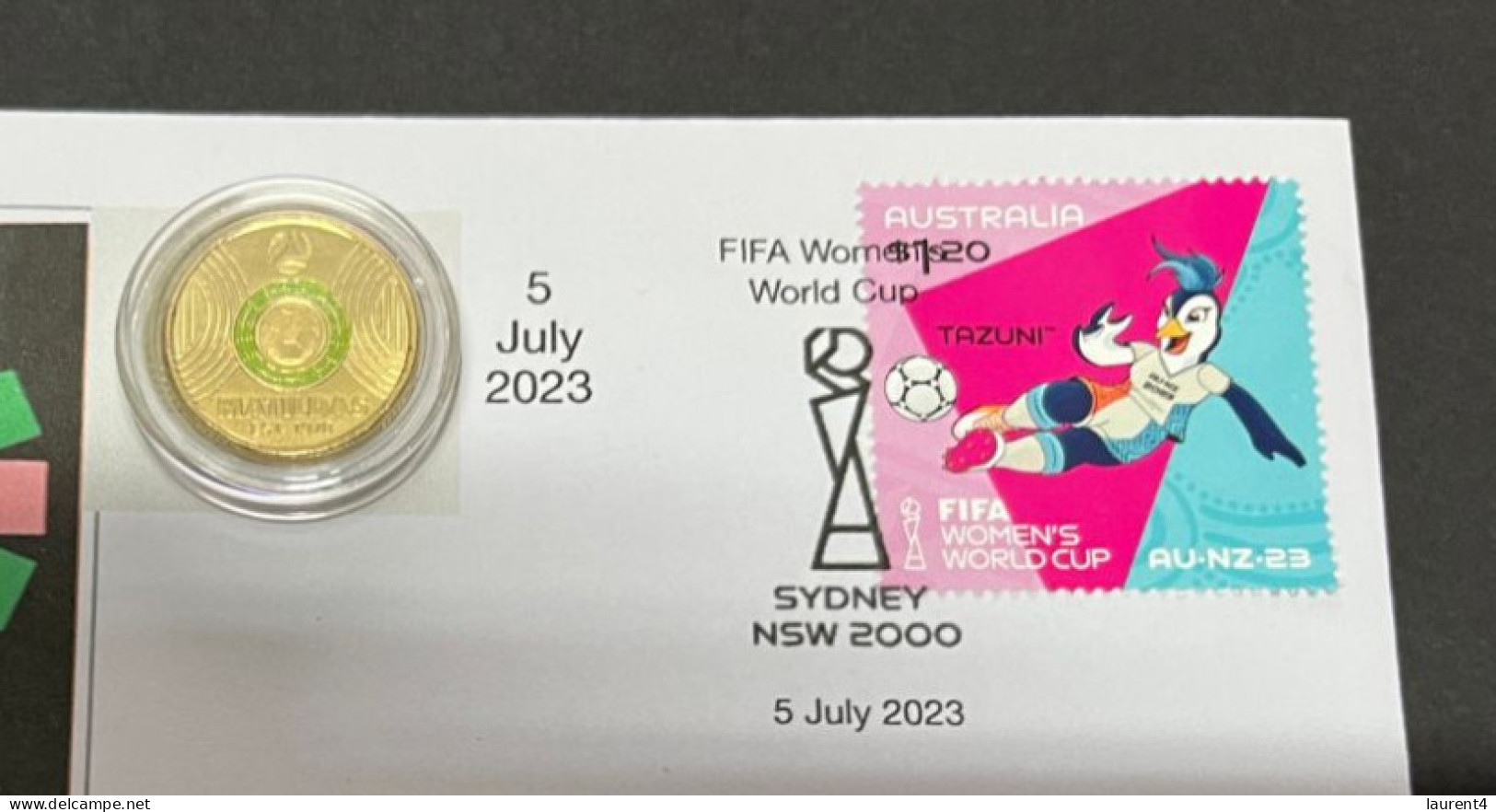 5-7-2023 (1 S 60) Women's Football World Cup ($2.00 Colored Coins 5-7-2023) With FIFA Football TAZUNI Stamp - 2 Dollars