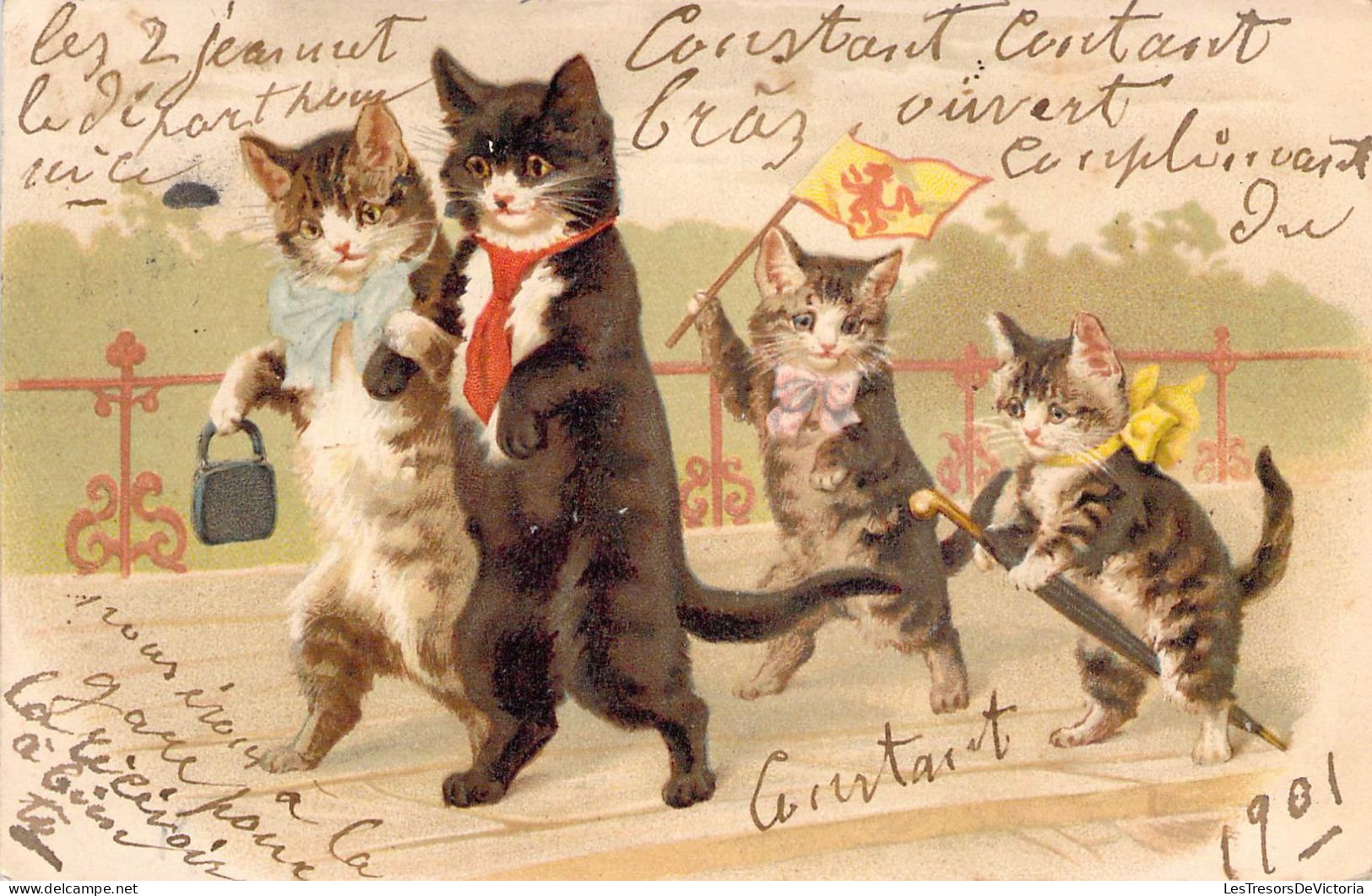 Fantaisies - Chatons Déguisés Qui Se Promènent En Famille - Oblitéré 1901 - Carte Postale Ancienne - Geklede Dieren