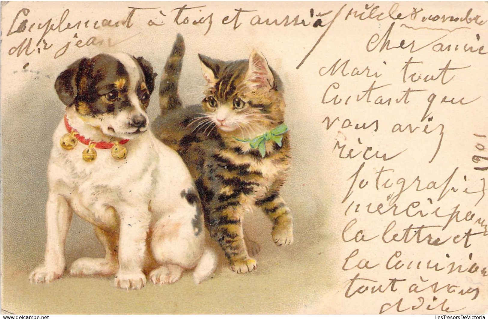 Fantaisies - Animaux Habilles - Chat Et Chien Avec Un Joli Collier - Colorisé - Carte Postale Ancienne - Geklede Dieren