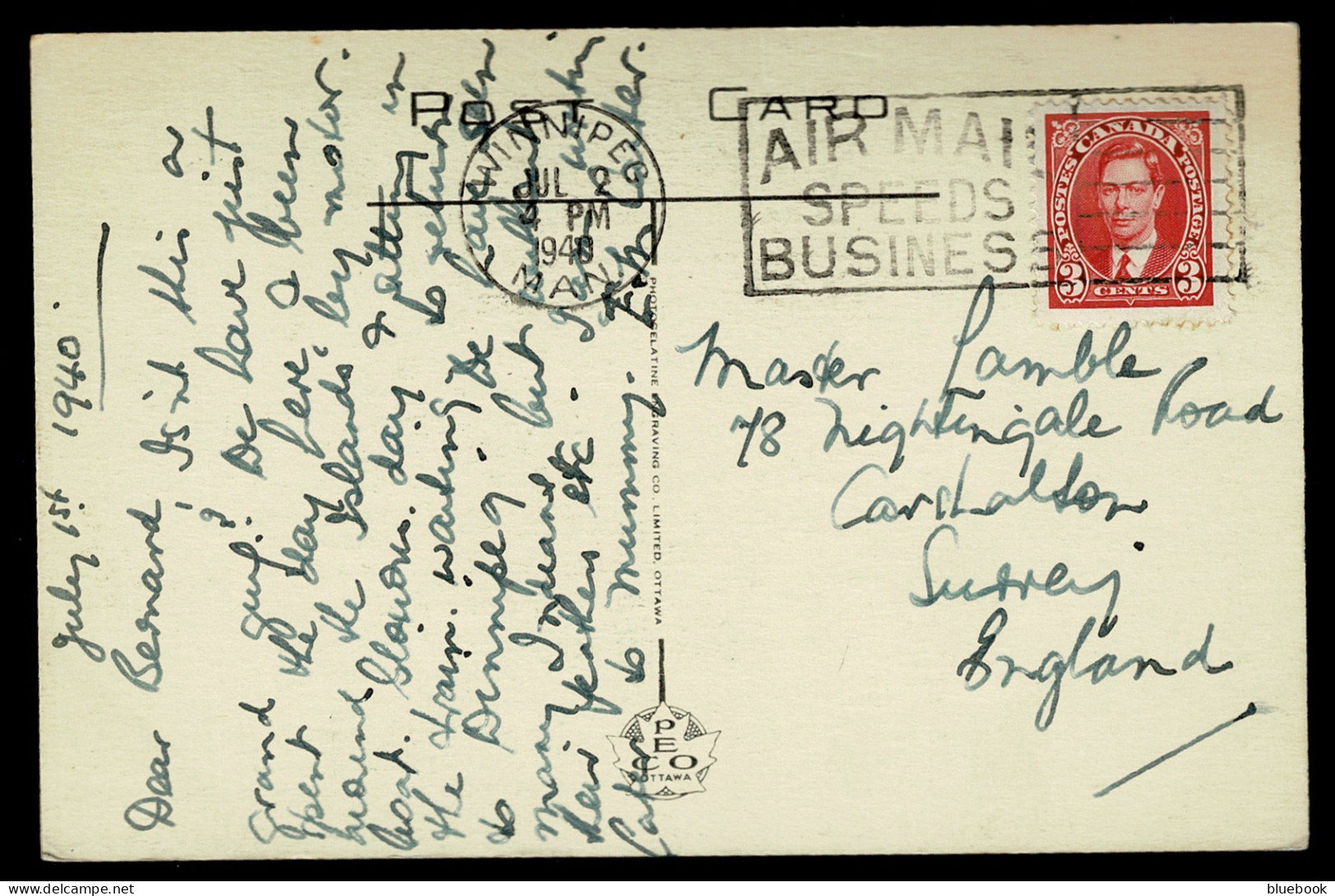 Ref 1621 - 1940 Canada Postcard - Winnipeg Slogan Postmark - Air Mail Speeds Business - Briefe U. Dokumente