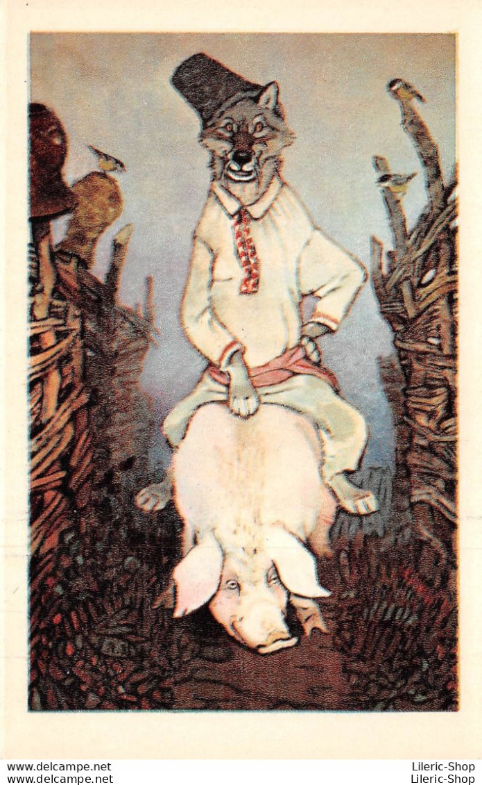 Anthopomorphism Vintage USSR Russian Folktale ART Postcard 1969 "wolf Riding A Pig" Artist E. Rachev - Märchen, Sagen & Legenden