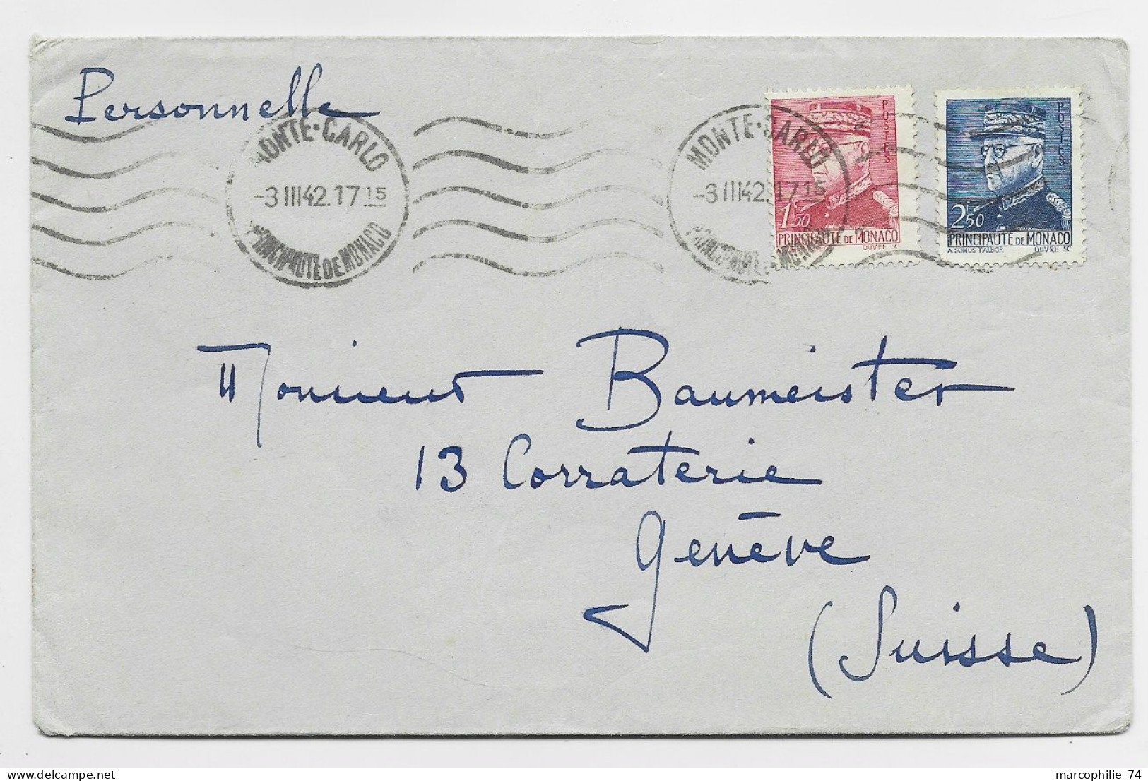 MONACO 1FR50+2FR50 LETTRE COVER MEC MONTE CARLO 3.III.1942 POUR SUISSE AU TARIF - Briefe U. Dokumente