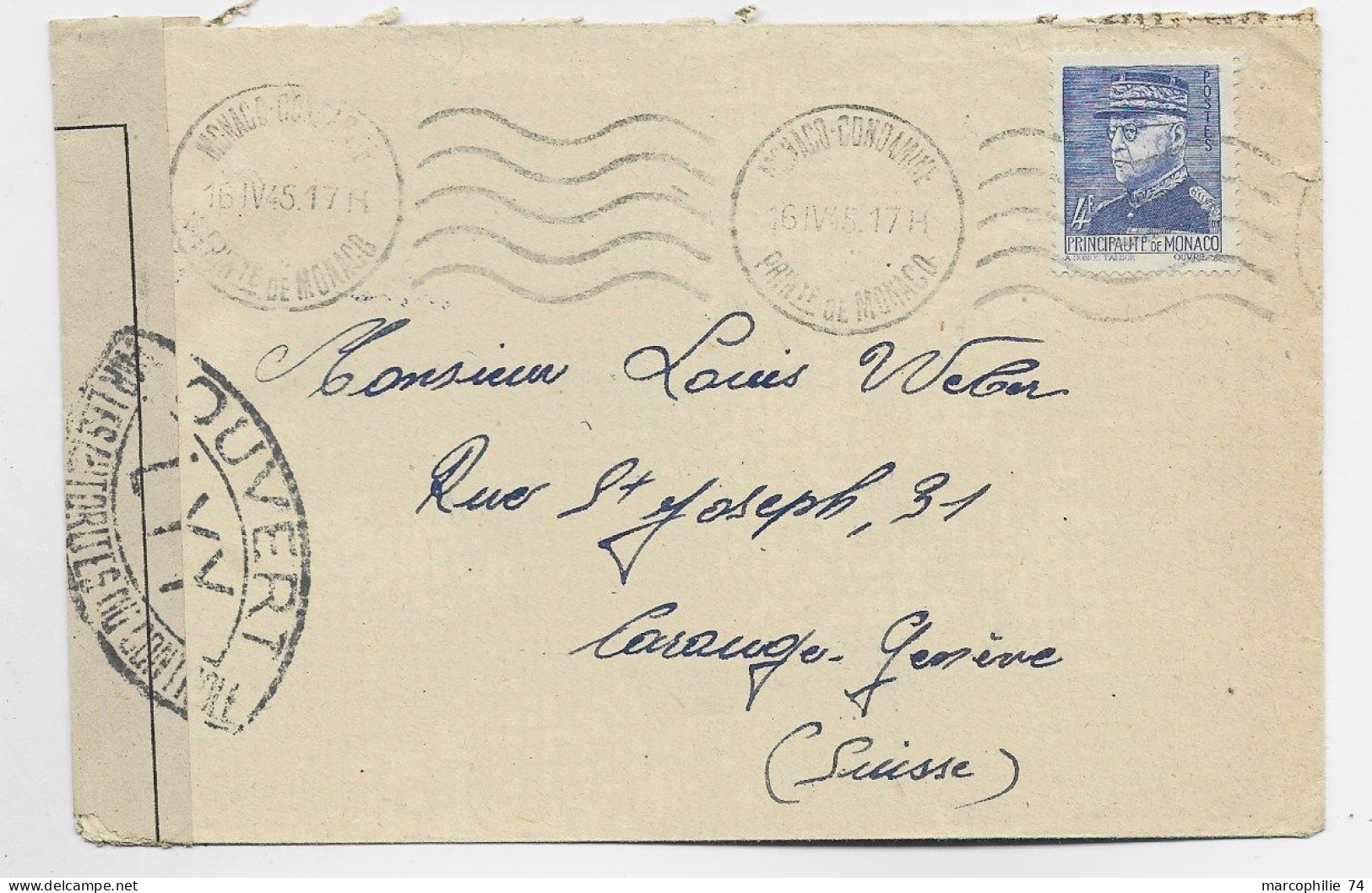 MONACO 4FR BLEU SEUL LETTRE   COVER MONACO CONDAMINE  16.IV .1945 POUR SUISSE AU TARIF CENSURE LYY - Cartas & Documentos