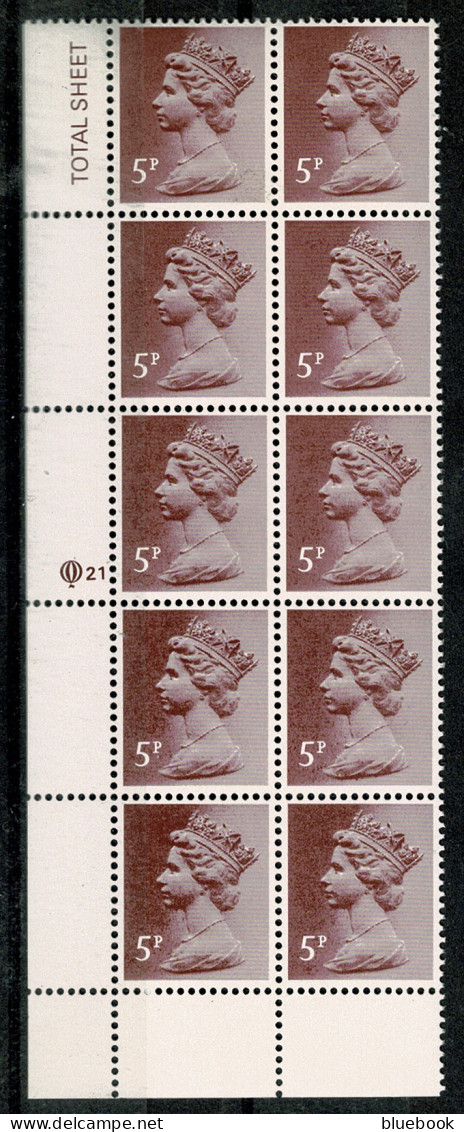 Ref 1623 -  GB Machins Questa 5p Cyl 21 - Block Of 10 MNH Stamps (Blotchy Print) - Sheets, Plate Blocks & Multiples