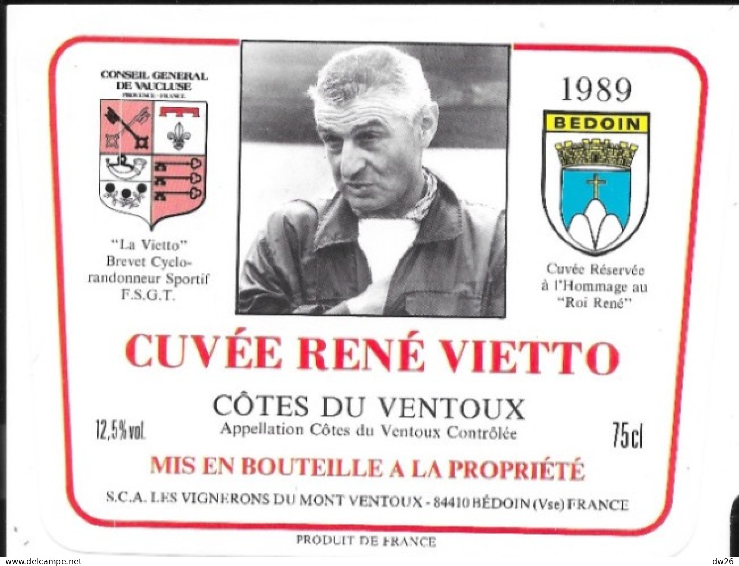 Etiquette Cyclisme, Côtes Du Ventoux, Cuvée René Vietto, Champion Cycliste: Bédoin (Vaucluse) 1989 - Wielrennen