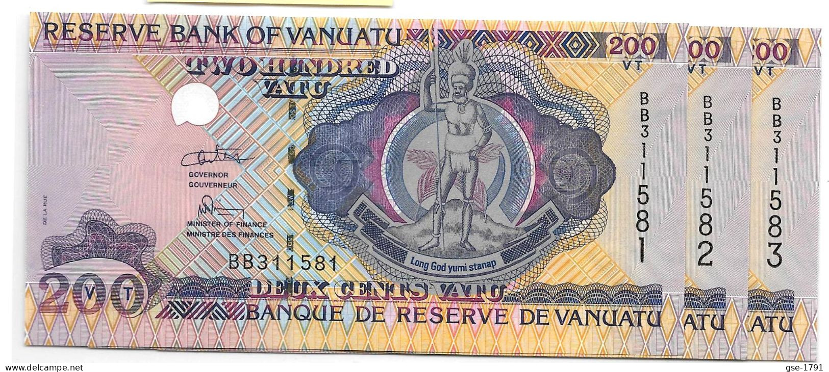 VANUATU  200 VATU #8b ( ODO TEVI ) Lot De 3  Billets  BB   NEUFS - Vanuatu