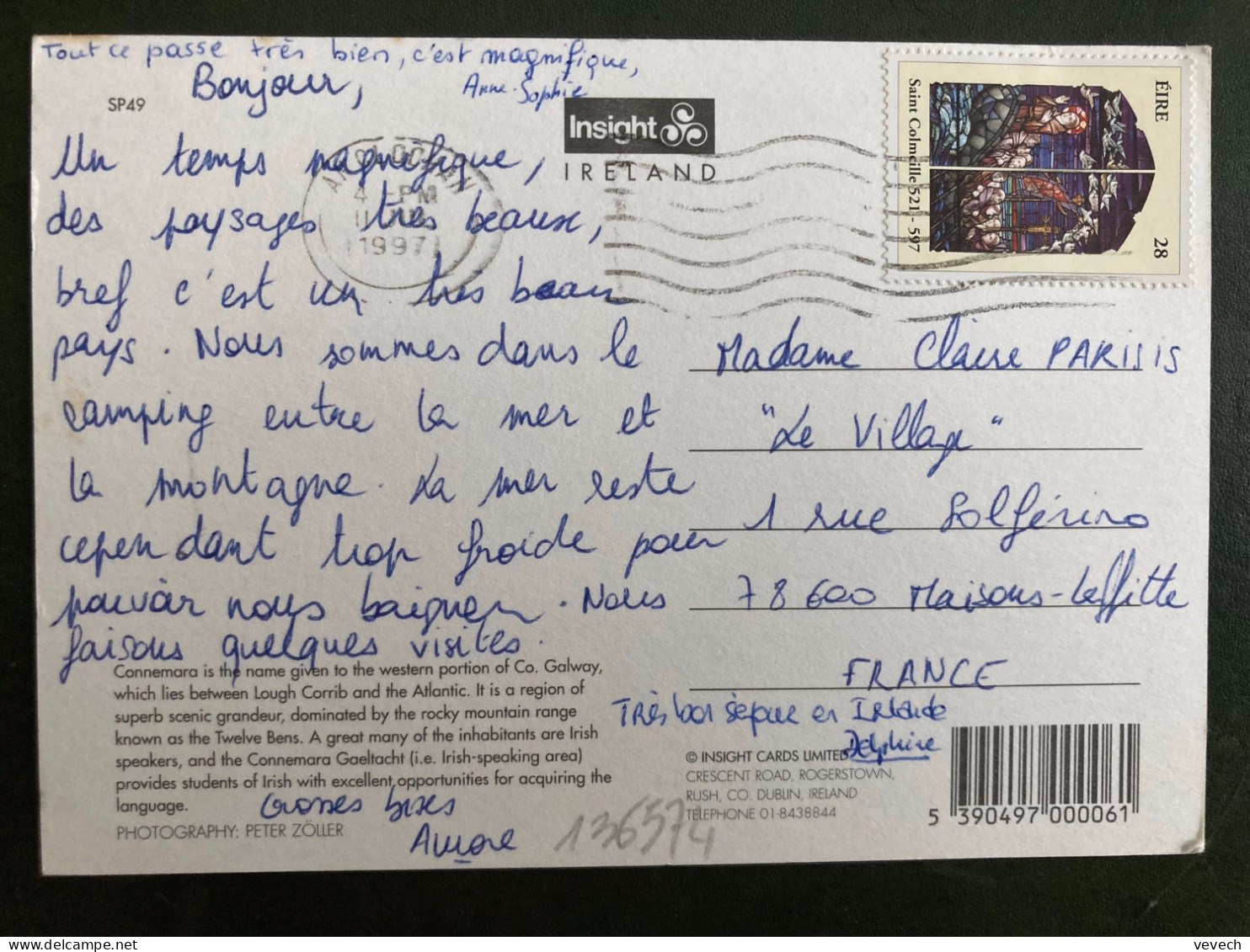 CP Pour La FRANCE TP SAINT COLMCILLE 28 OBL.MEC.11 JUL 1997 ANCLOCHAN - Storia Postale