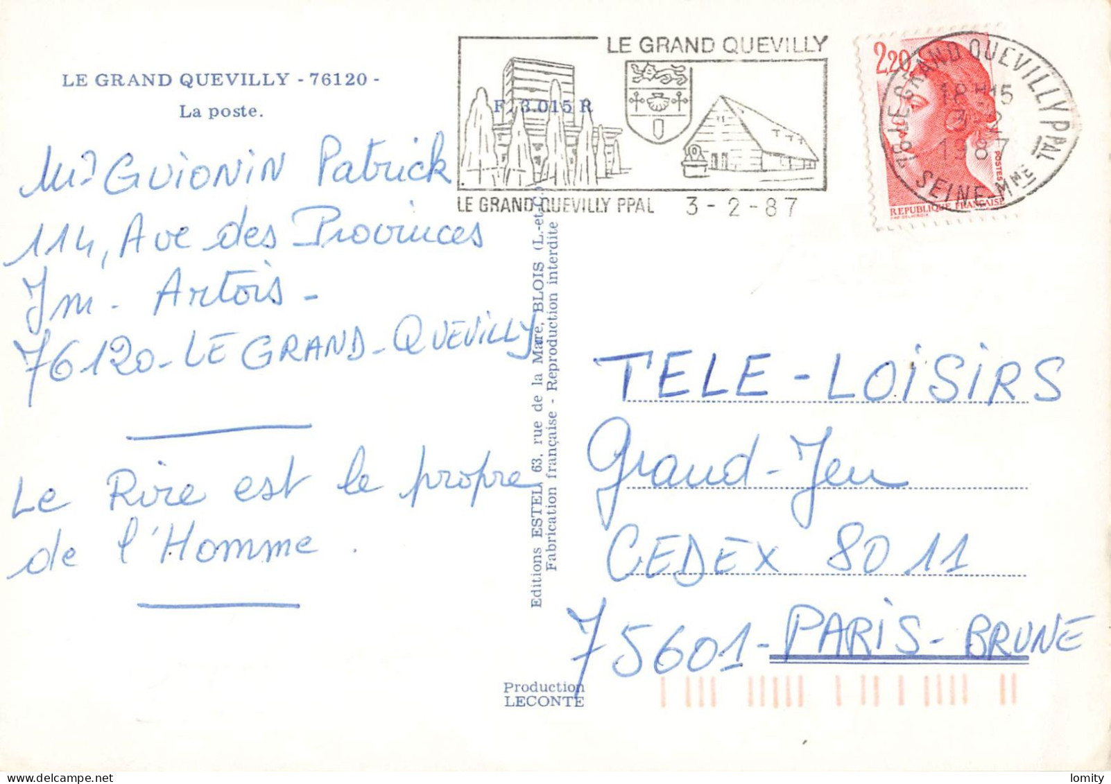 76 Le Grand Quevilly Bureau De Poste Postes PTT Voiture Auto Immeuble Immeubles Cachet 1987 - Le Grand-Quevilly