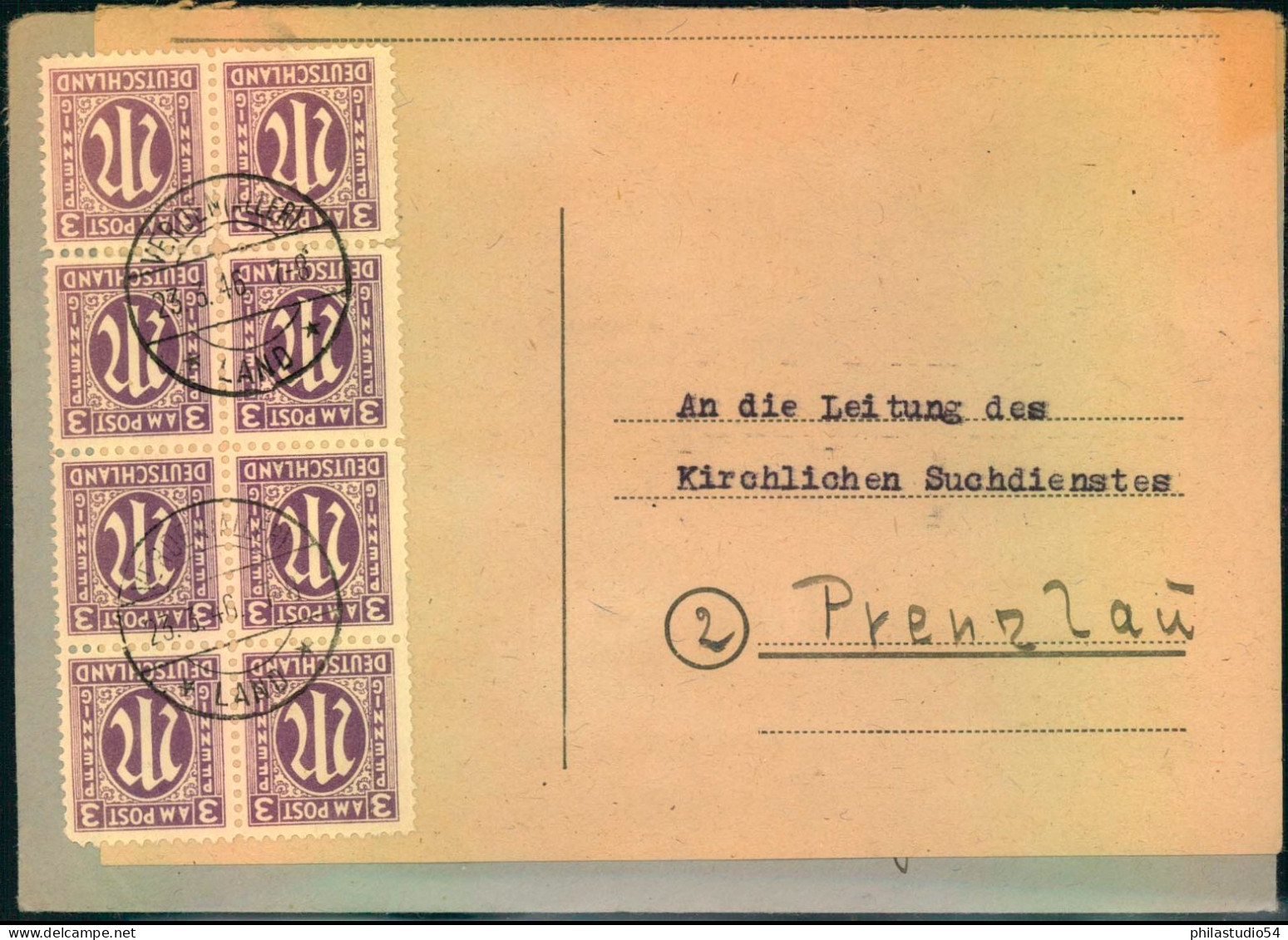1946: Fernbrief (Suchdienst) Mit 8-er-Block 3 Pfg. Deutscher Druck Ab VERDEN (ALLER) LAND 23.3.46 Nach Prenzlau. Eine Ma - Andere & Zonder Classificatie