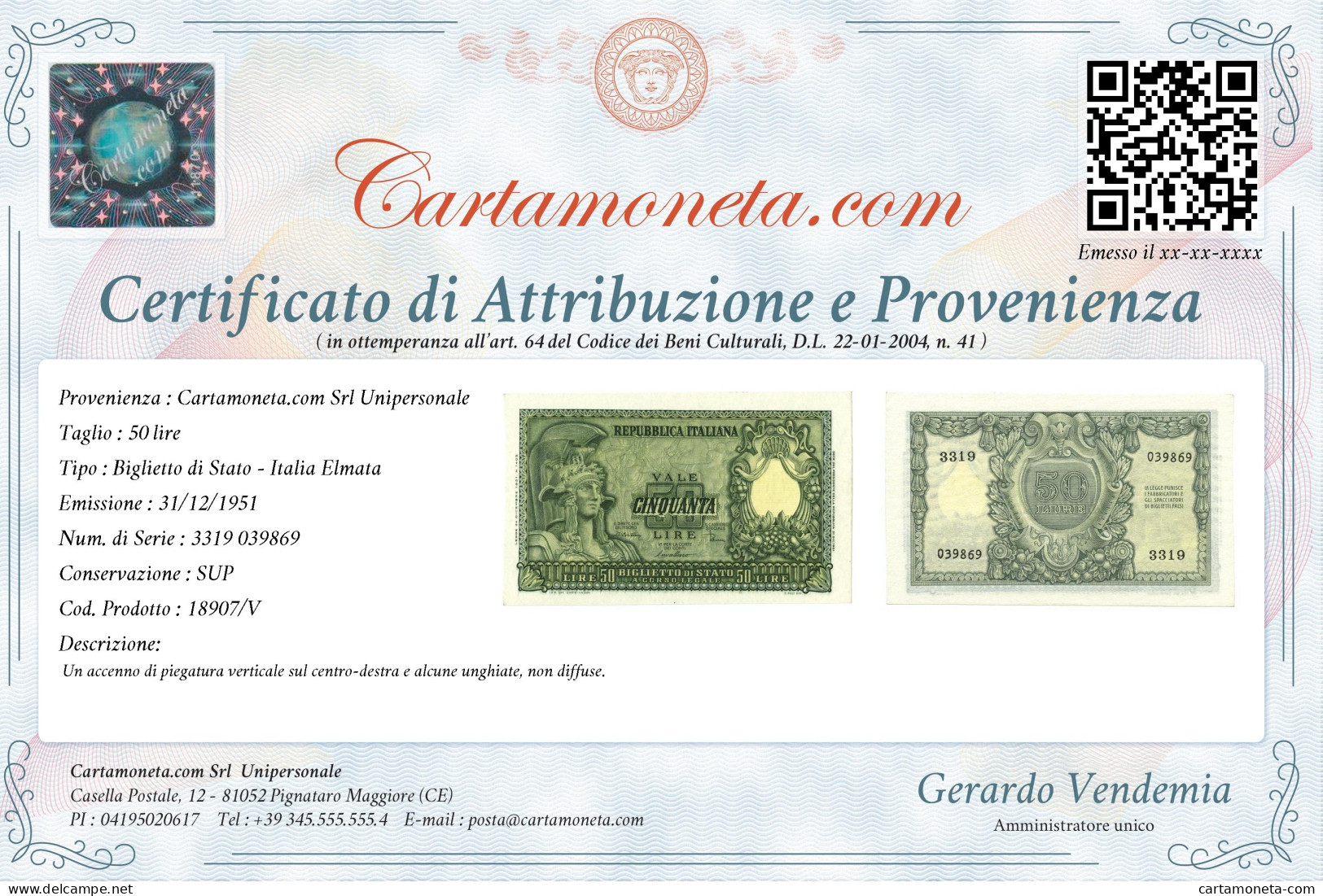 50 LIRE BIGLIETTO DI STATO ITALIA ELMATA DI CRISTINA 31/12/1951 SUP - Andere & Zonder Classificatie