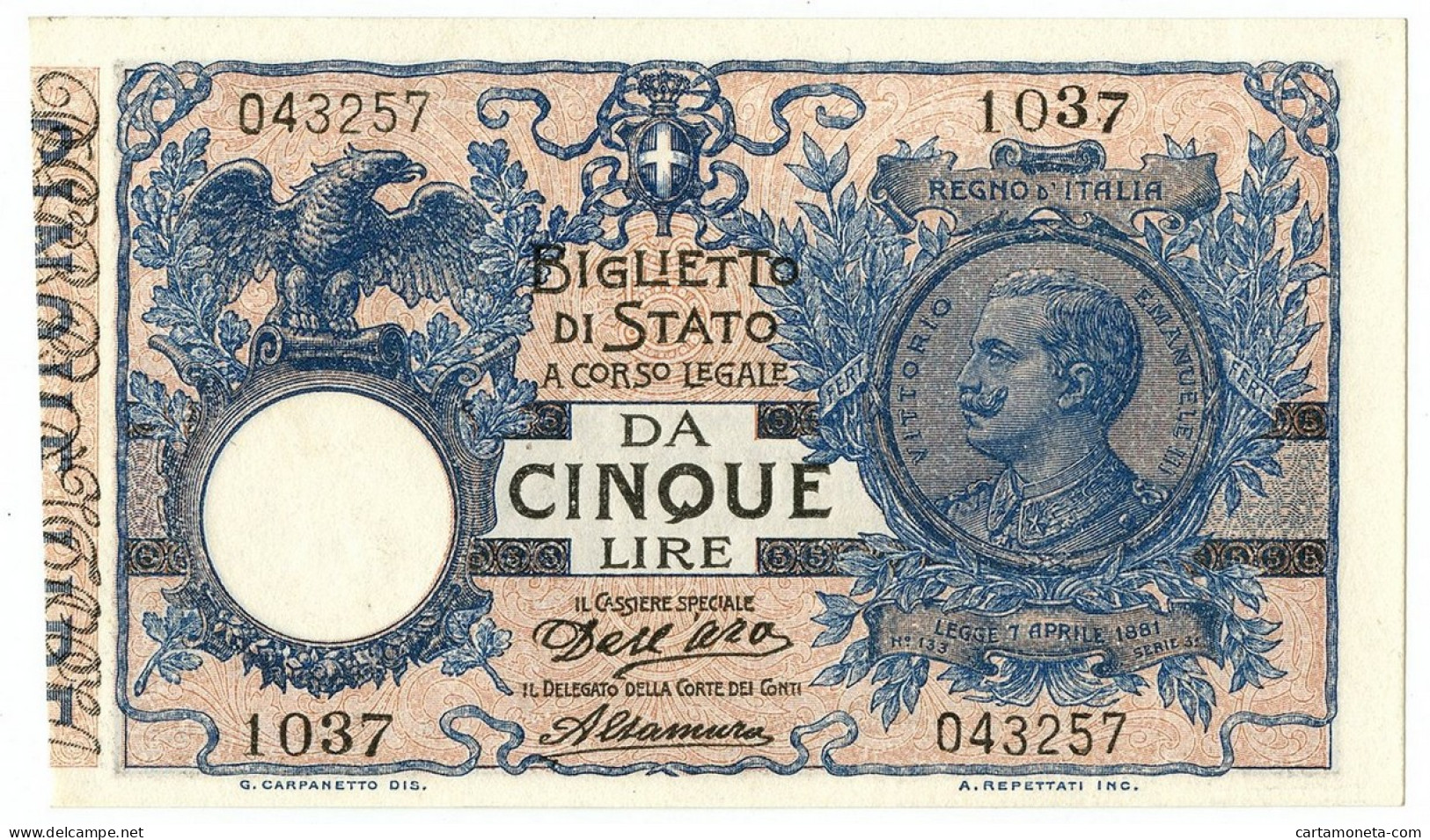 5 LIRE BIGLIETTO DI STATO VITTORIO EMANUELE III FLOREALE 27/12/1911 QFDS - Otros