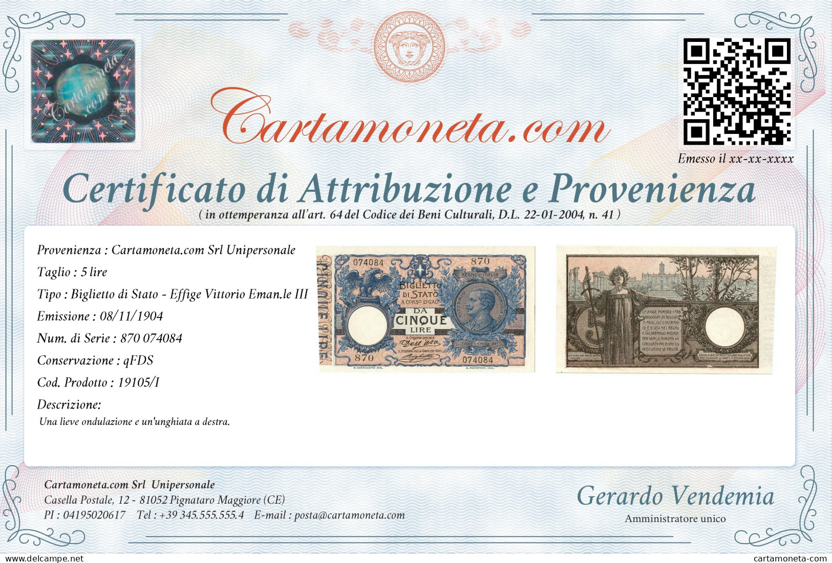 5 LIRE BIGLIETTO DI STATO VITTORIO EMANUELE III FLOREALE 08/11/1904 QFDS - Regno D'Italia – Autres