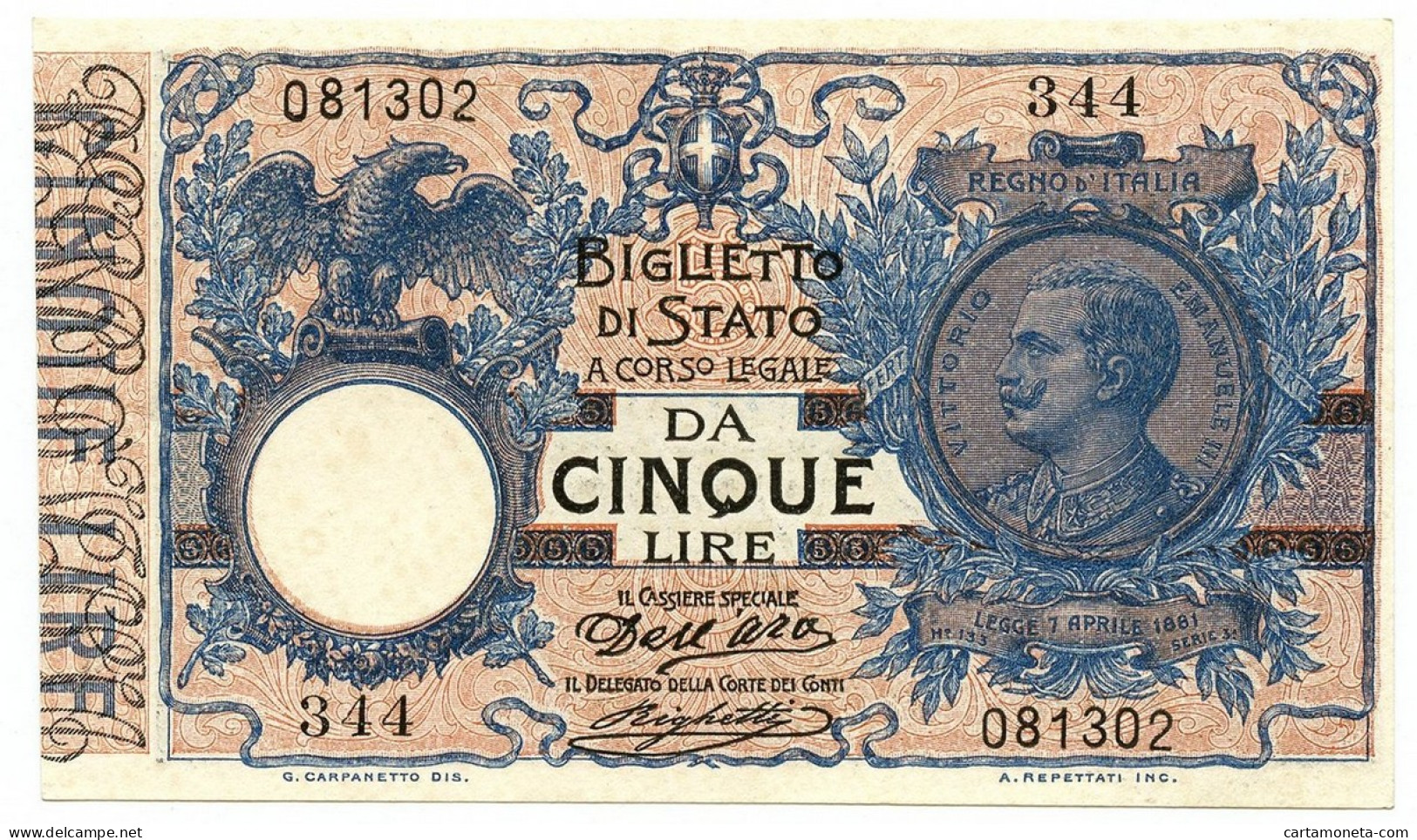 5 LIRE BIGLIETTO DI STATO VITTORIO EMANUELE III FLOREALE 08/11/1904 SUP+ - Regno D'Italia – Autres