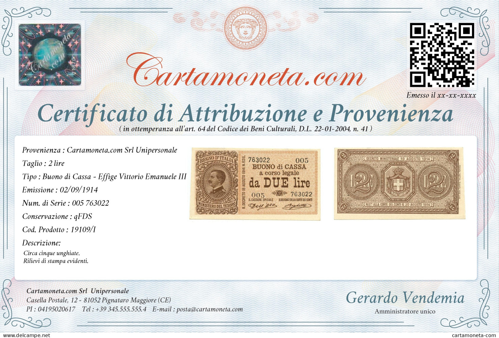 2 LIRE BUONO DI CASSA EFFIGE VITTORIO EMANUELE III 02/09/1914 QFDS - Regno D'Italia - Altri