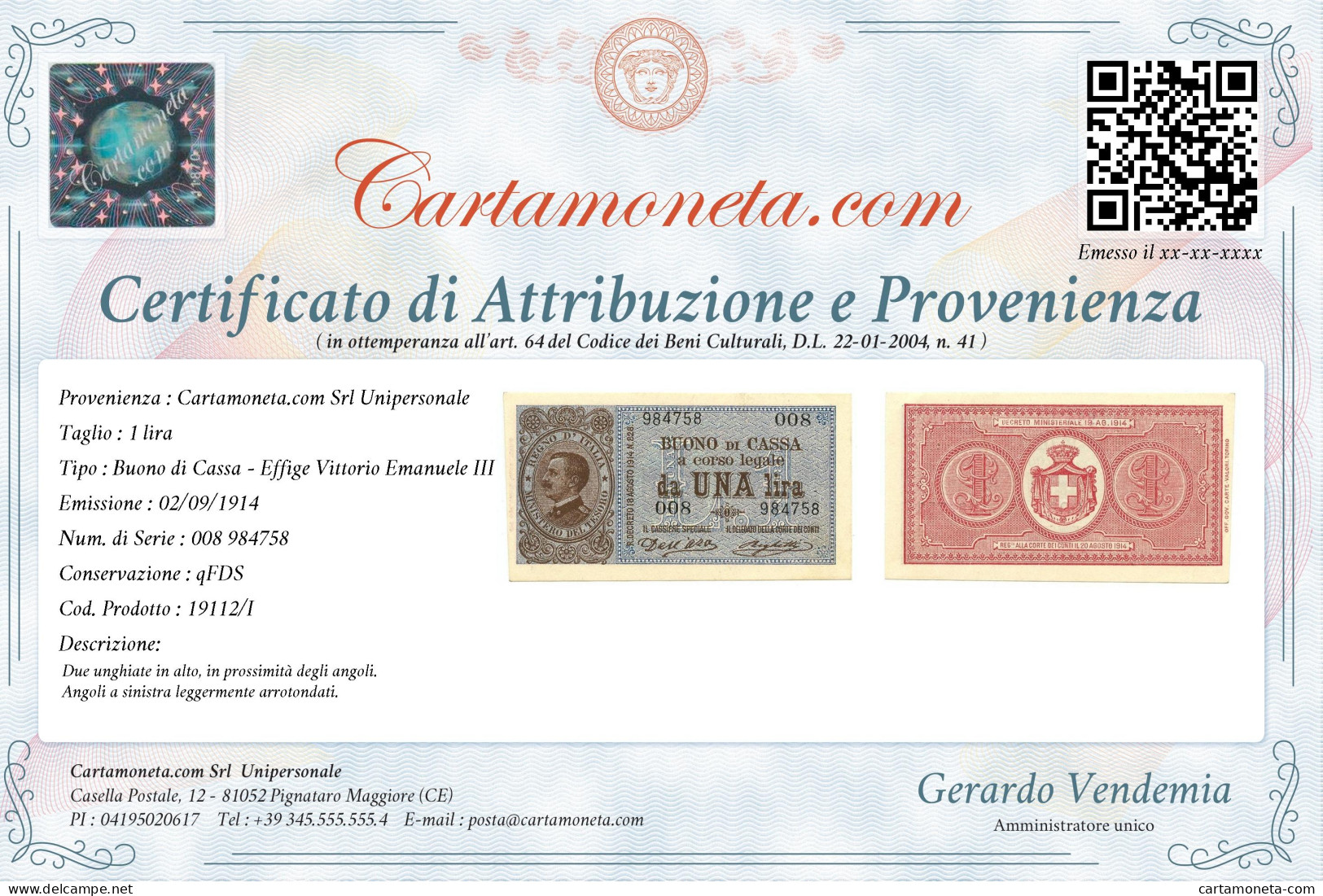 1 LIRA BUONO DI CASSA EFFIGE VITTORIO EMANUELE III 02/09/1914 QFDS - Otros