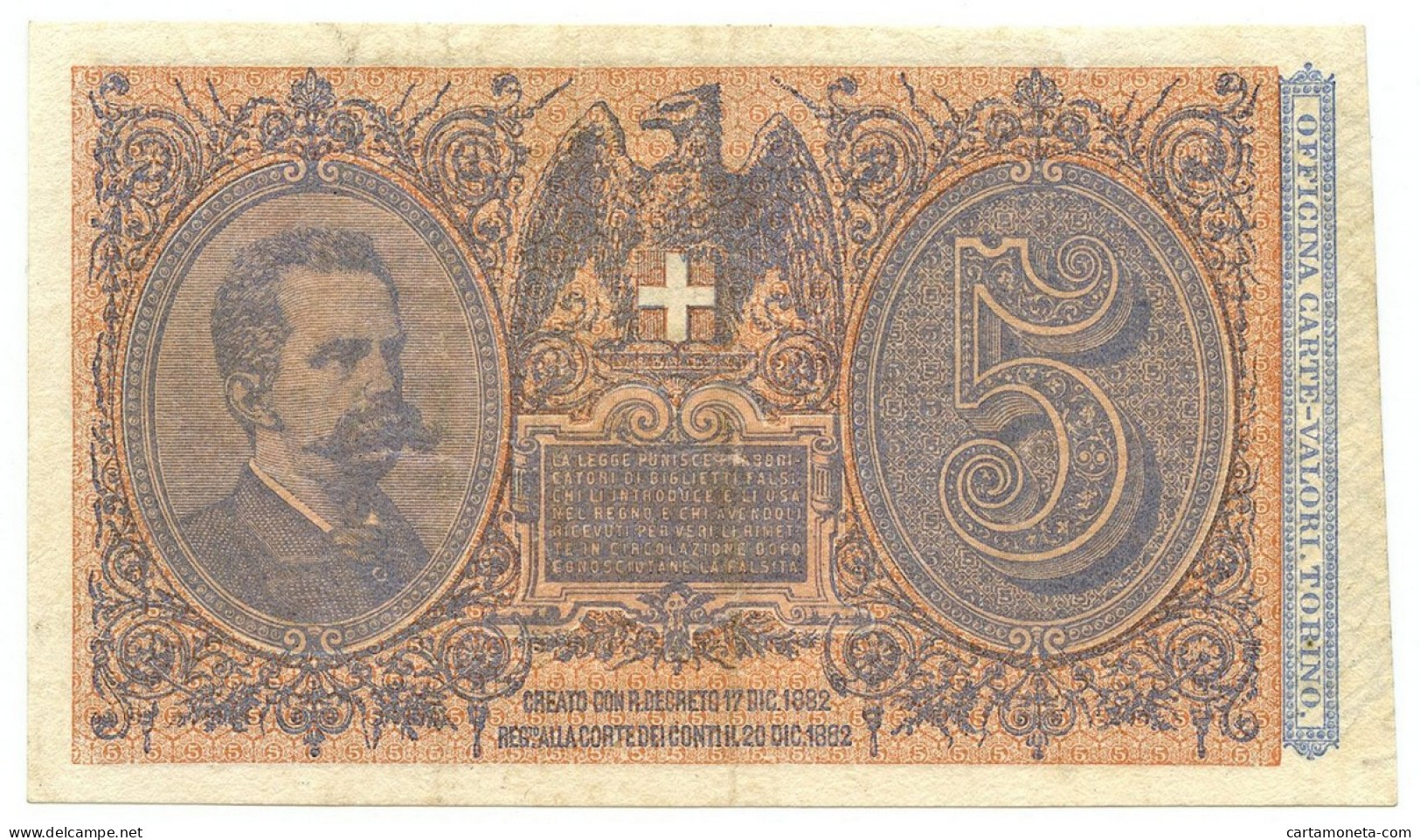 5 LIRE BIGLIETTO DI STATO EFFIGE UMBERTO I 06/08/1889 BB/SPL - Andere