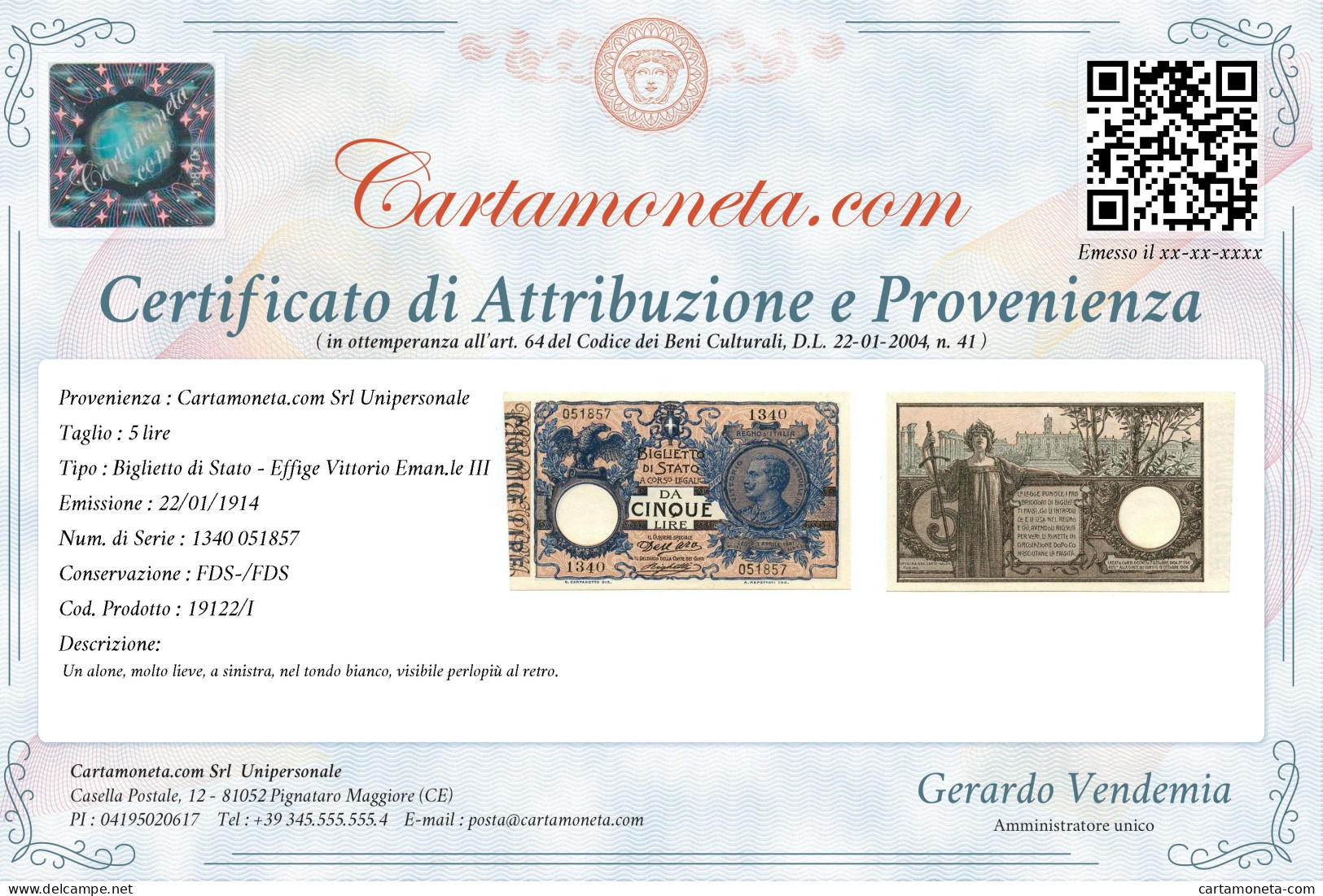 5 LIRE BIGLIETTO DI STATO VITTORIO EMANUELE III FLOREALE 22/01/1914 FDS-/FDS - Otros