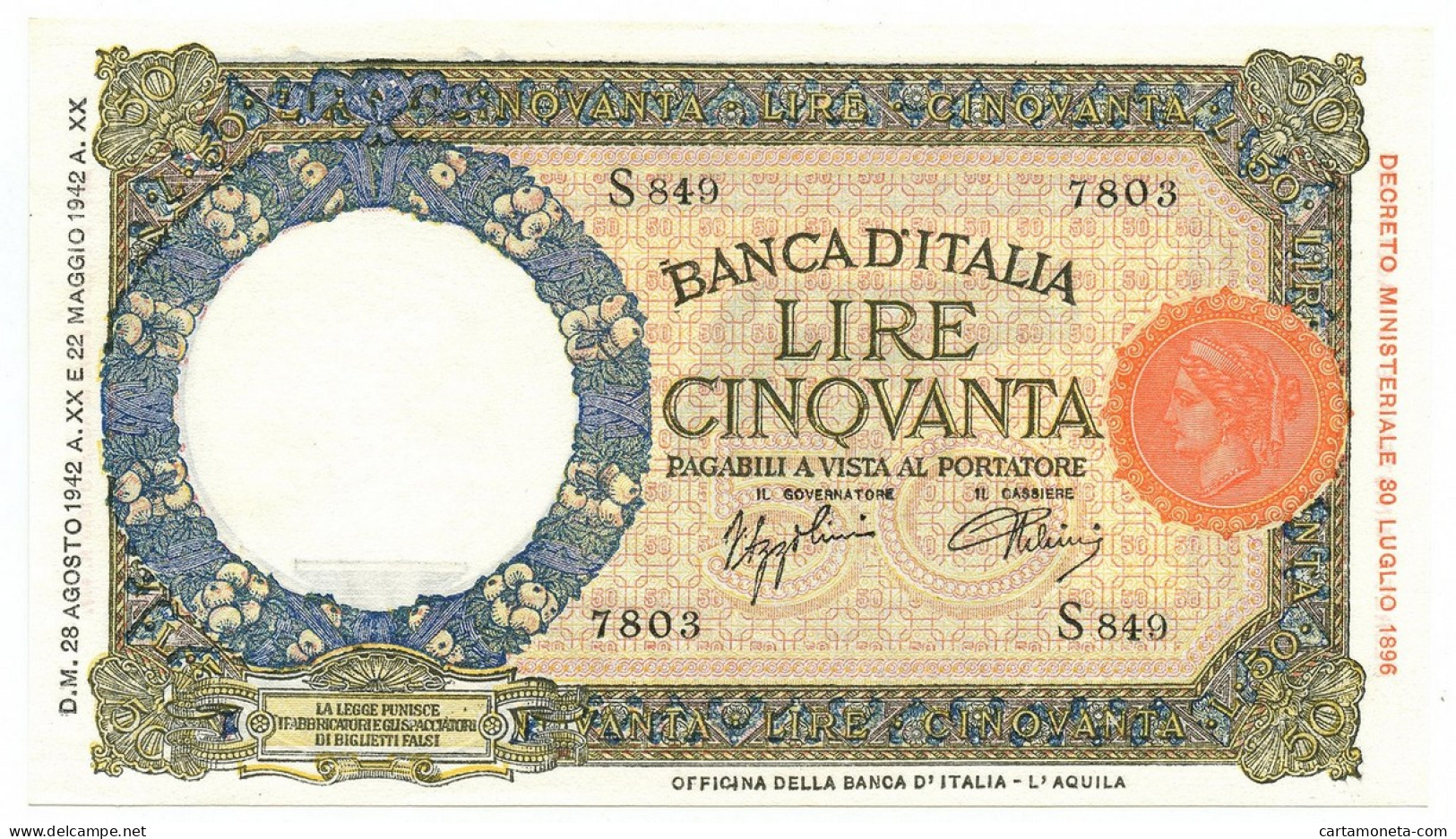 50 LIRE CAPRANESI LUPA CAPITOLINA M. STRETTO FASCIO L'AQUILA 28/08/1942 FDS-/FDS - Regno D'Italia – Autres