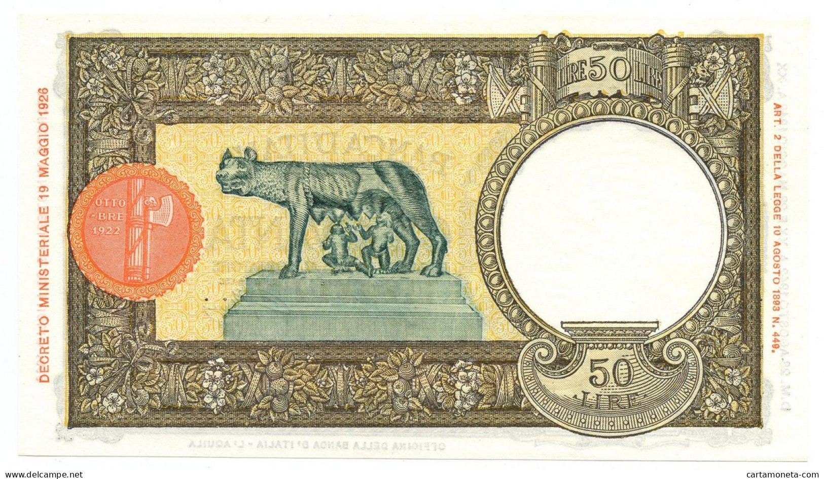 50 LIRE CAPRANESI LUPA CAPITOLINA M. STRETTO FASCIO L'AQUILA 28/08/1942 FDS-/FDS - Andere