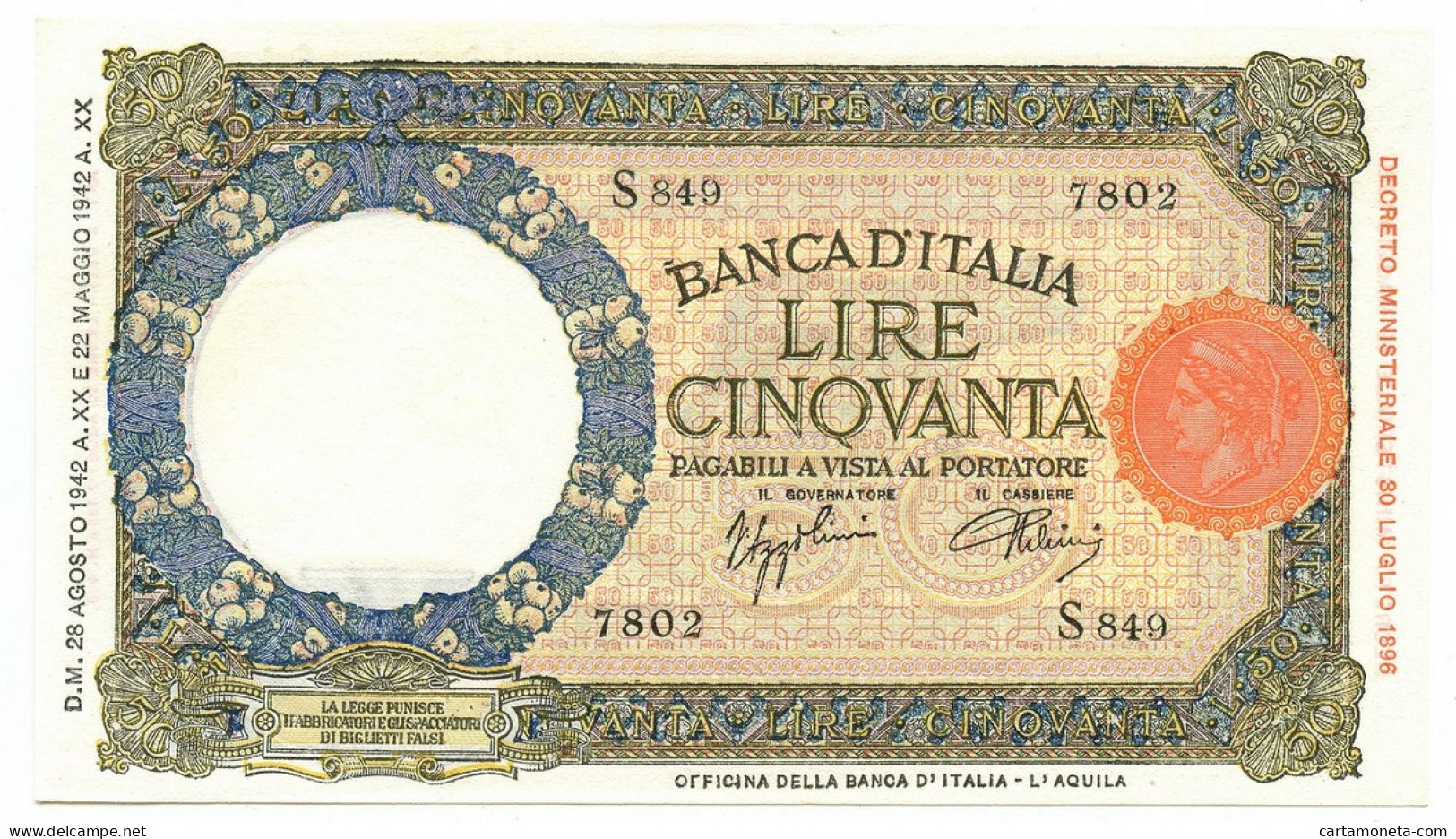 50 LIRE CAPRANESI LUPA CAPITOLINA M. STRETTO FASCIO L'AQUILA 28/08/1942 FDS-/FDS - Otros