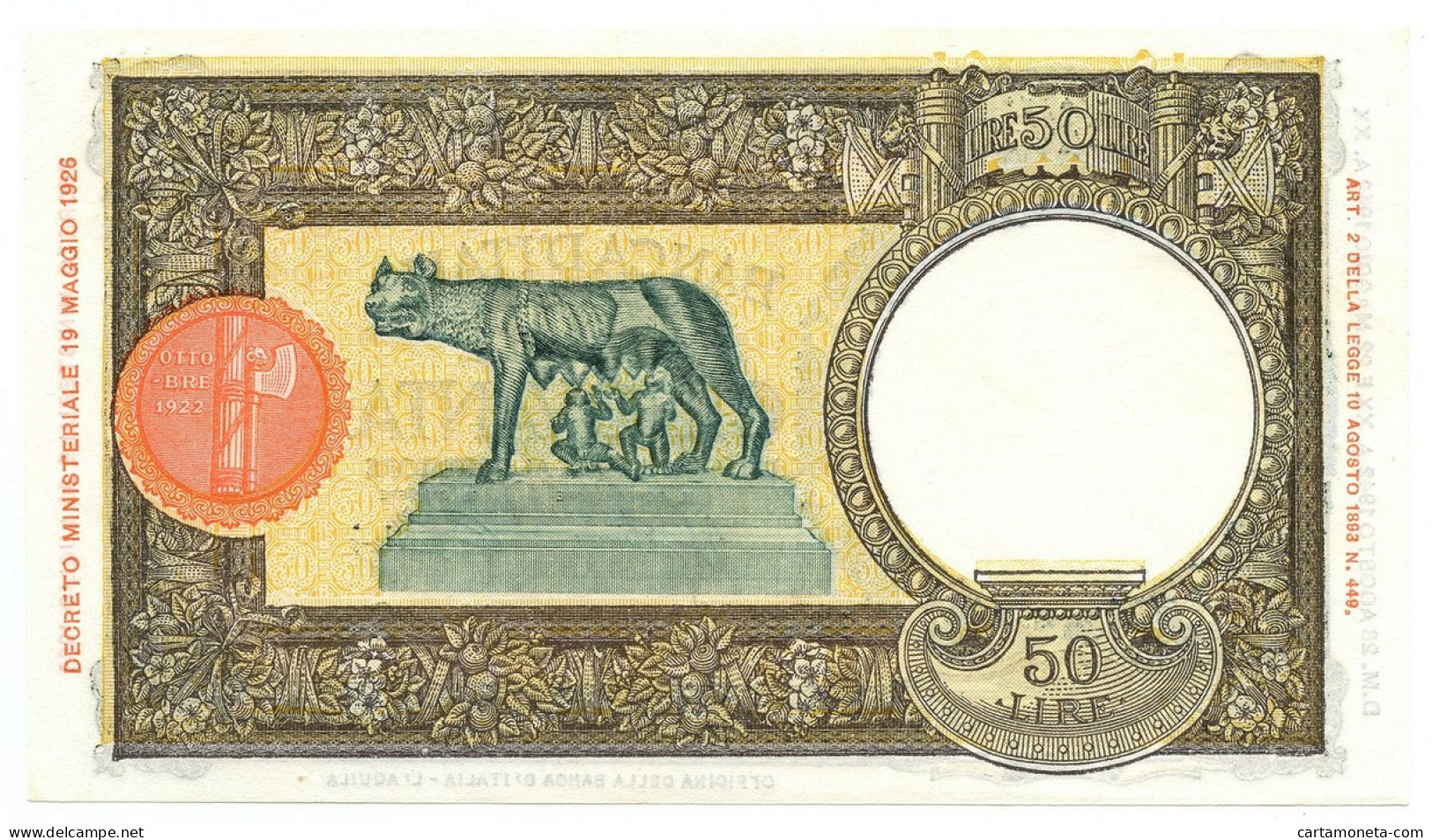 50 LIRE CAPRANESI LUPA CAPITOLINA M. STRETTO FASCIO L'AQUILA 28/08/1942 FDS-/FDS - Sonstige