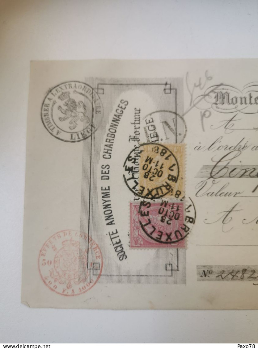 Belgique, Note De Crédit, Société Des Charbonnages Montagnee 1886 Avec Timbres Leopold II, Banque Générale De Liège - Documentos