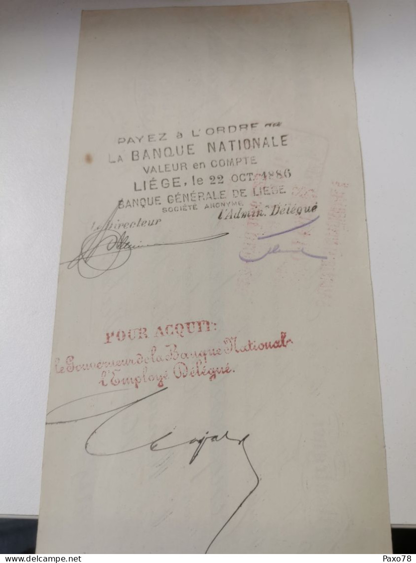 Belgique, Note De Crédit, Société Des Charbonnages Montagnee 1886 Avec Timbres Leopold II, Banque Générale De Liège - Documents