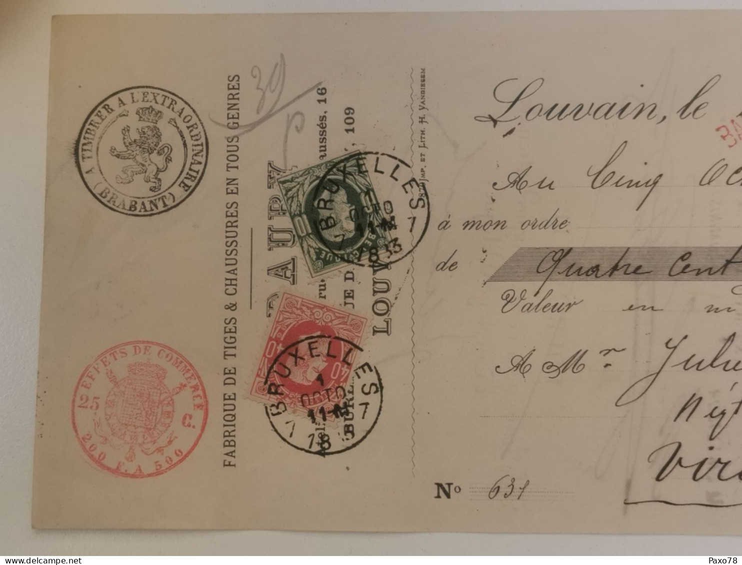 Belgique, Note De Crédit, Fabrique De Tiges à Louvain 1883 Avec Timbres Leopold II - Dokumente
